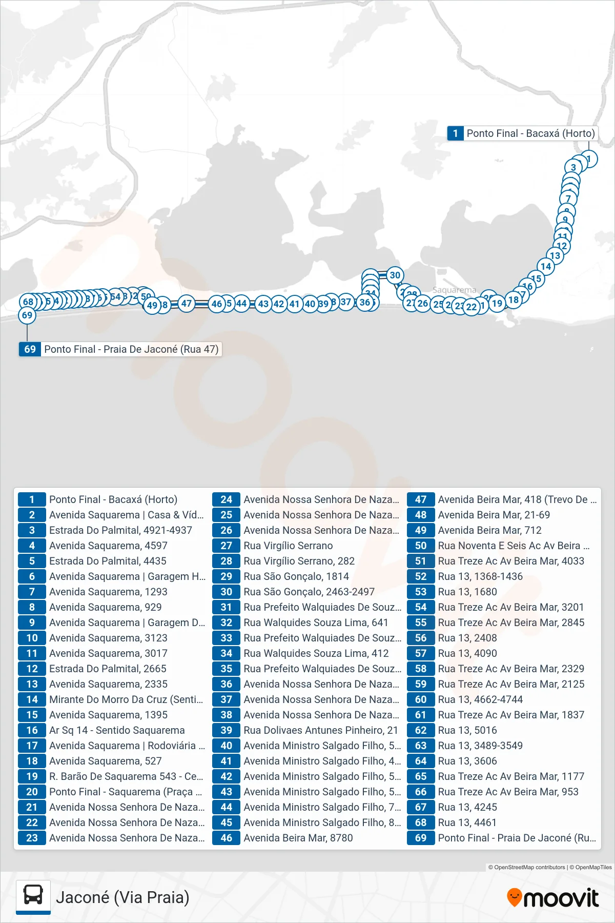 11 bus Line (Jaconé (Via Praia)) route and stops on a map