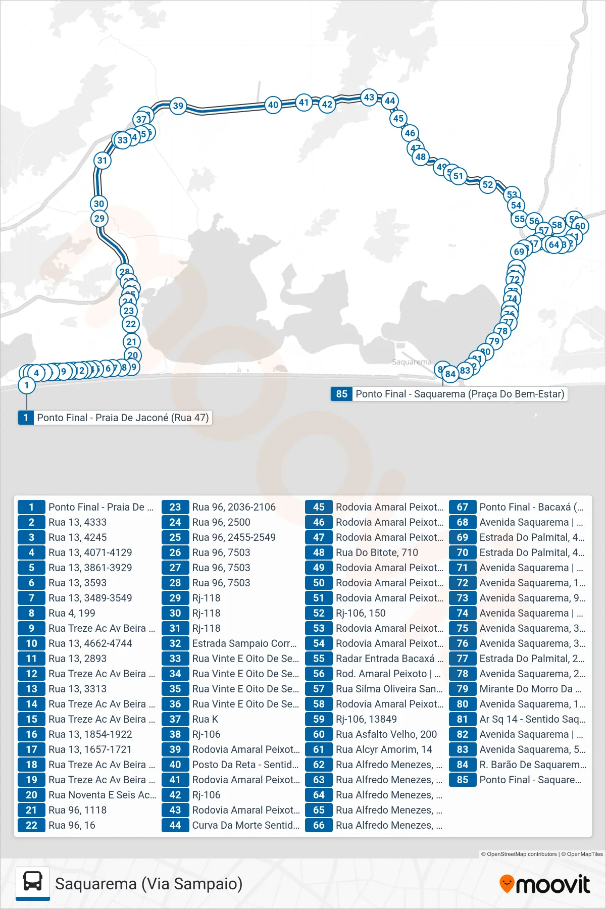 Rota e paradas da linha de ônibus 11 (Saquarema (Via Sampaio)) no mapa