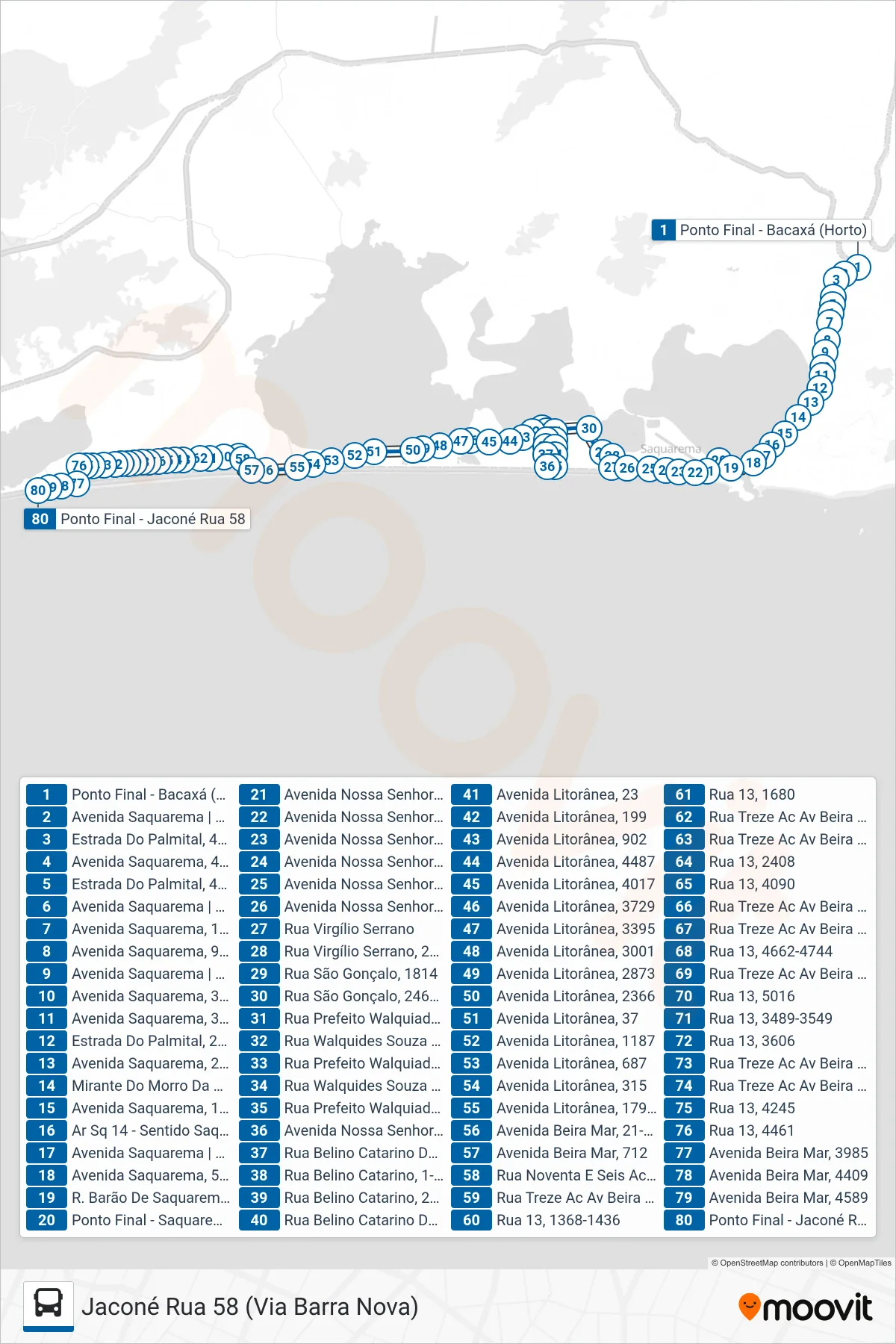 Rota e paradas da linha de ônibus 12 (Jaconé Rua 58 (Via Barra Nova)) no mapa