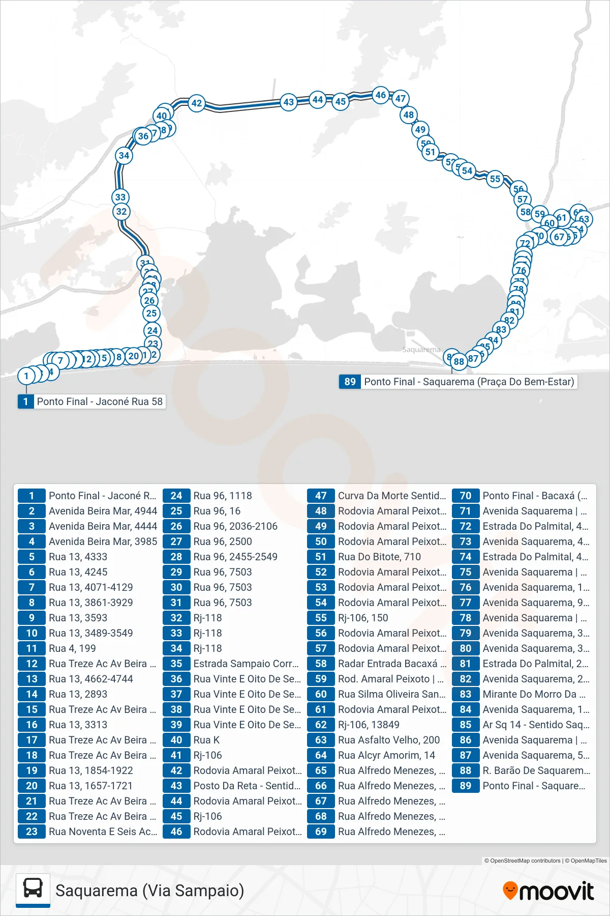 Rota e paradas da linha de ônibus 12 (Saquarema (Via Sampaio)) no mapa