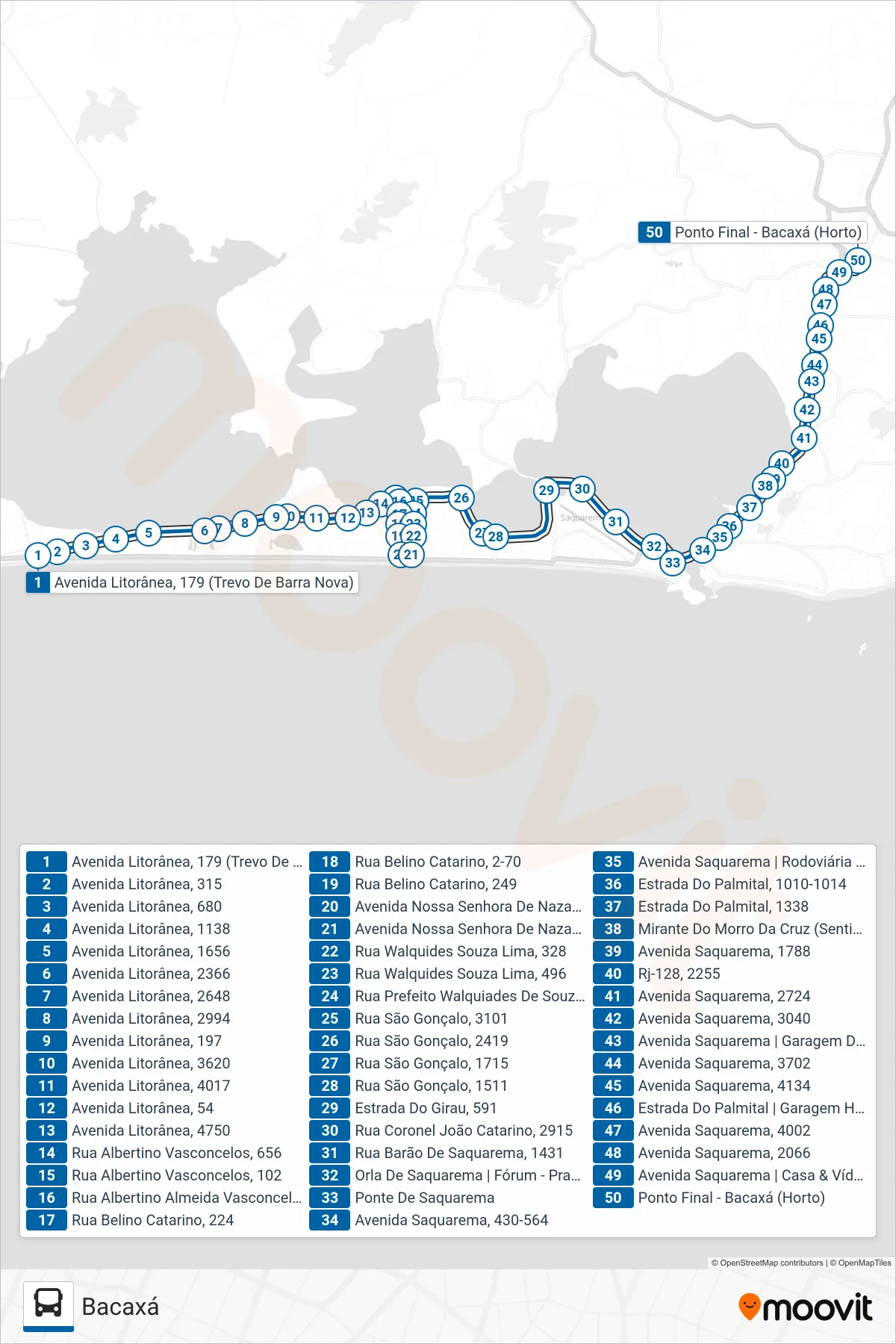Rota e paradas da linha de ônibus 13 (Bacaxá) no mapa