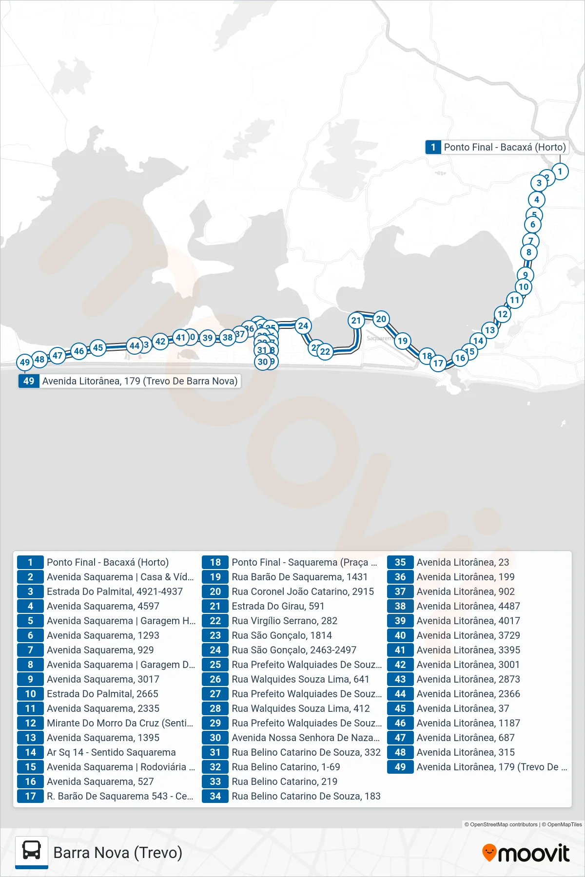 Rota e paradas da linha de ônibus 13 (Barra Nova (Trevo)) no mapa