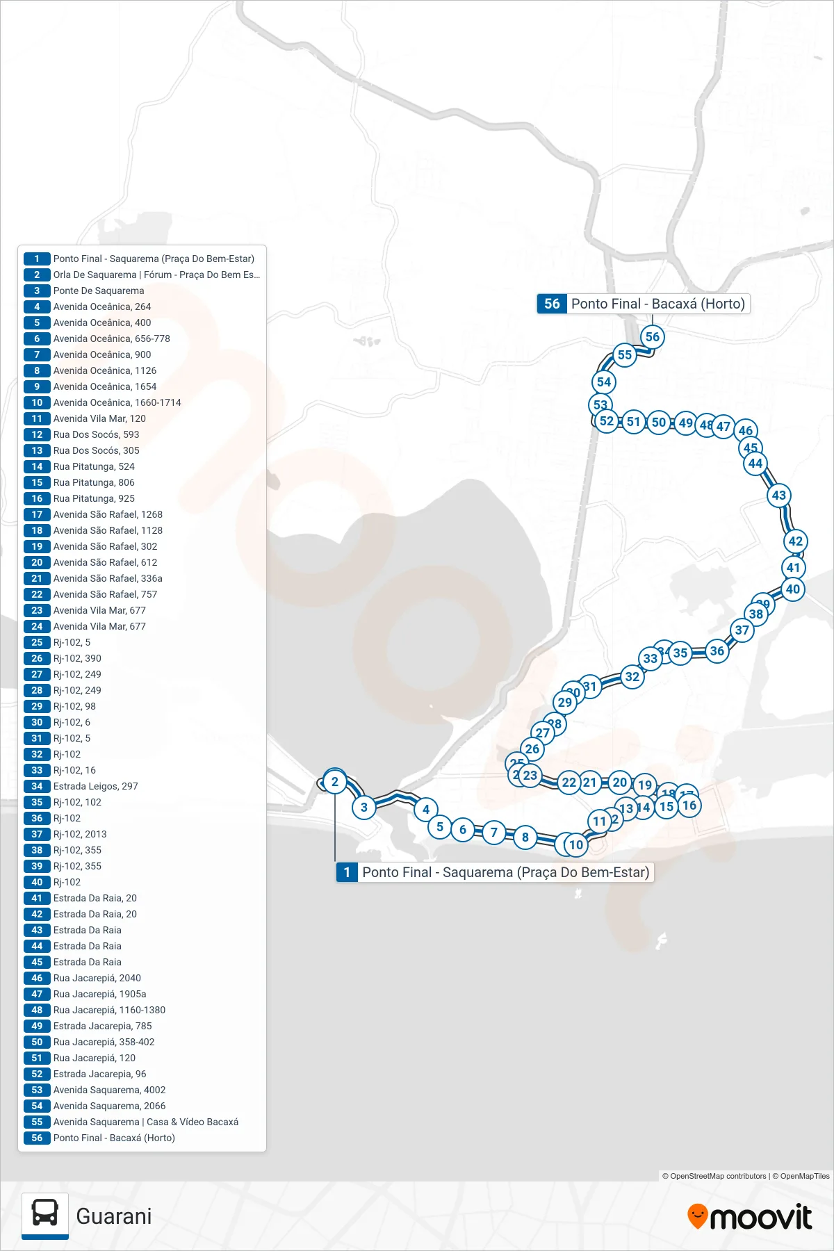 Rota e paradas da linha de ônibus 17 (Guarani) no mapa