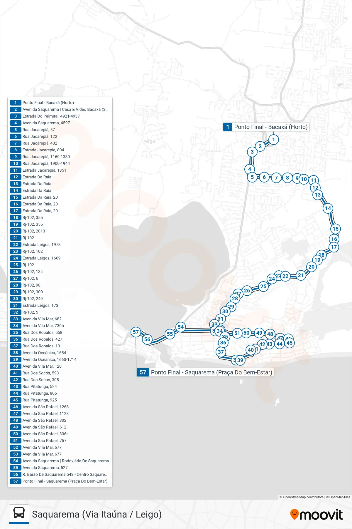 Rota e paradas da linha de ônibus 17 (Saquarema (Via Itaúna / Leigo)) no mapa