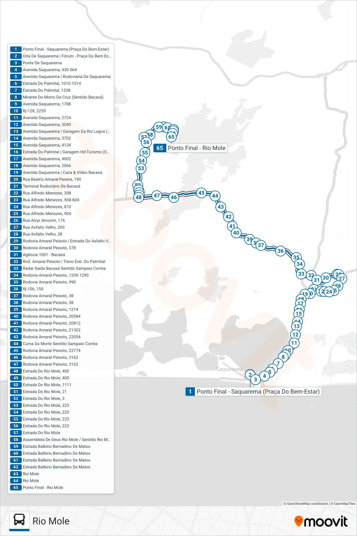 Rota e paradas da linha de ônibus 18 (Rio Mole) no mapa