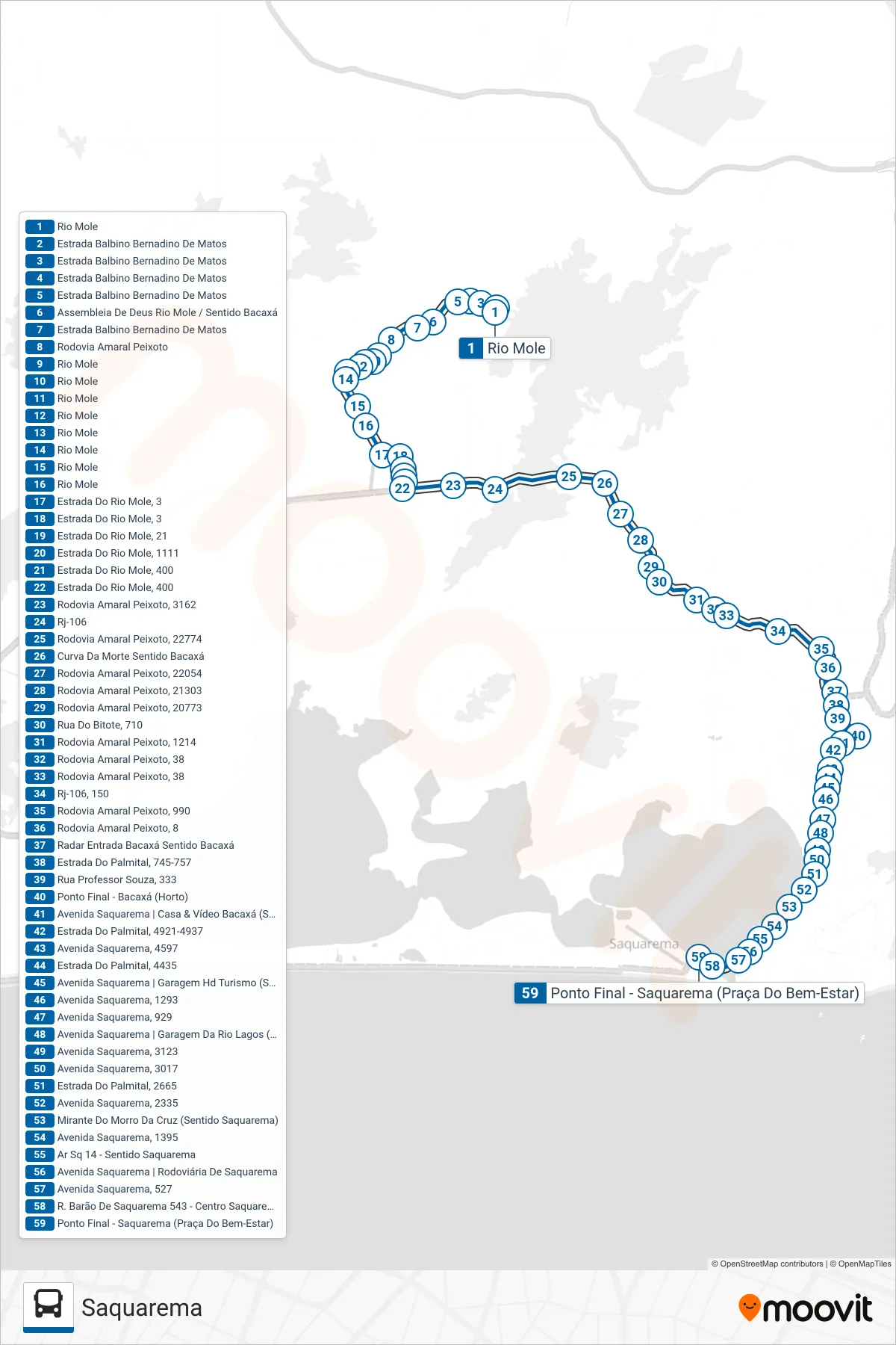 Rota e paradas da linha de ônibus  18  (Saquarema) no mapa