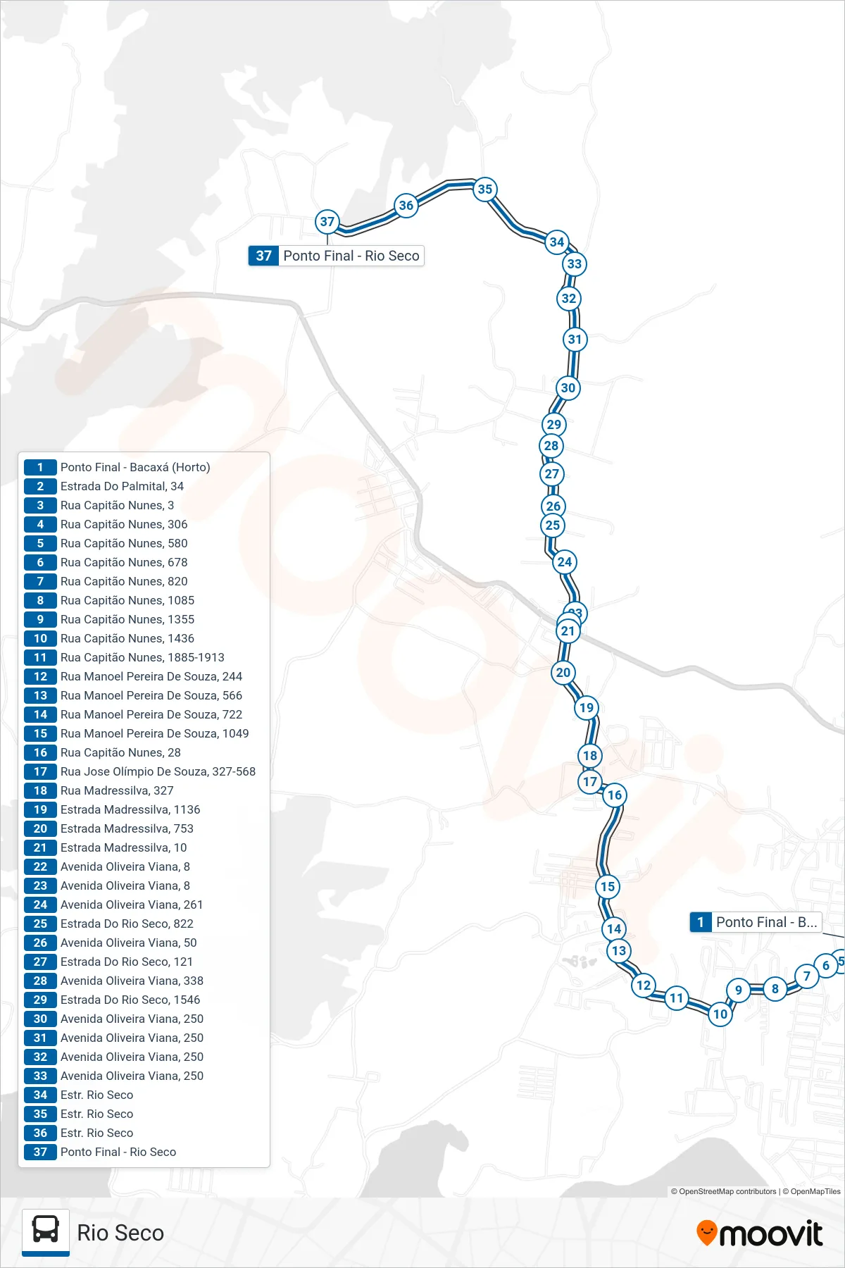 Rota e paradas da linha de ônibus 20 (Rio Seco) no mapa
