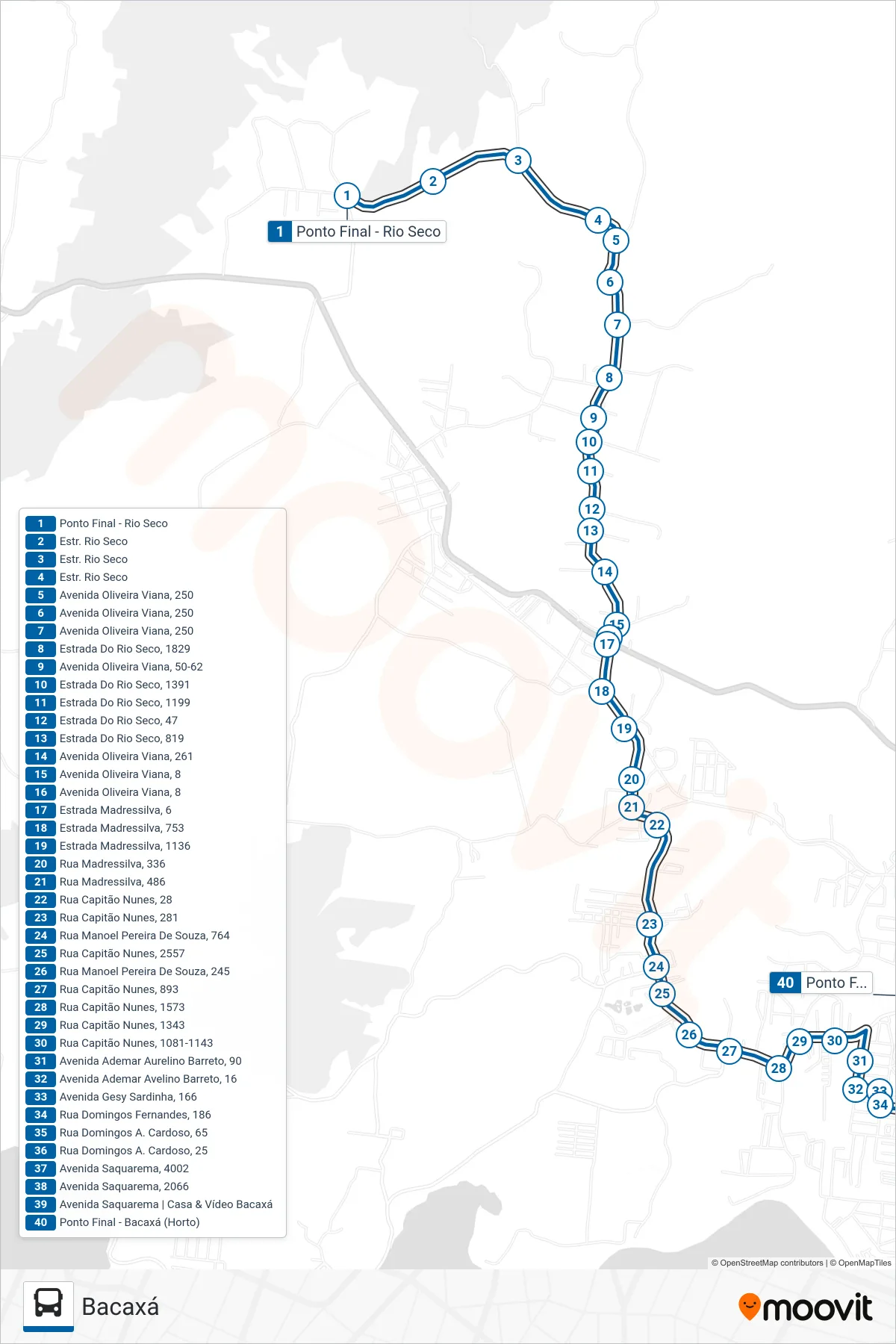 Rota e paradas da linha de ônibus 20 (Bacaxá) no mapa