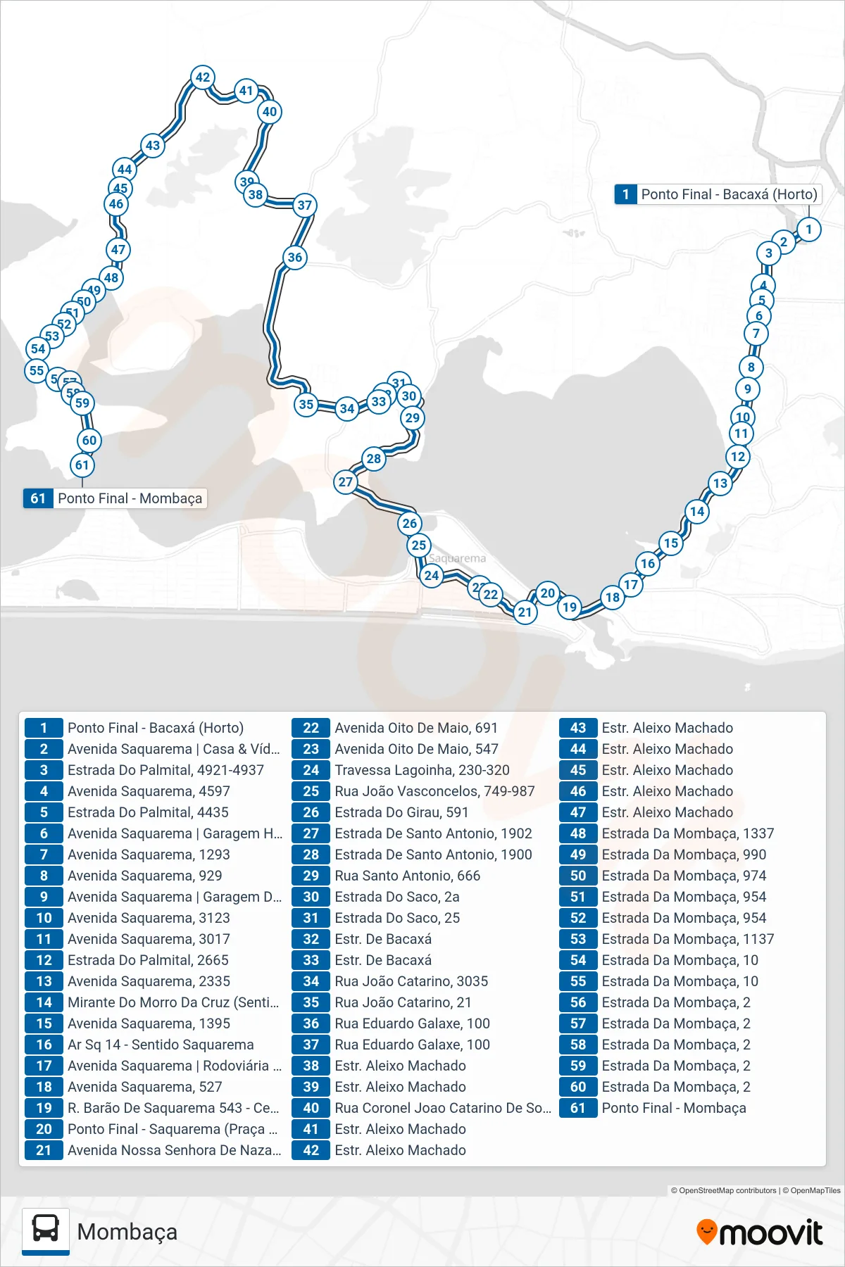 Rota e paradas da linha de ônibus 21 (Mombaça) no mapa