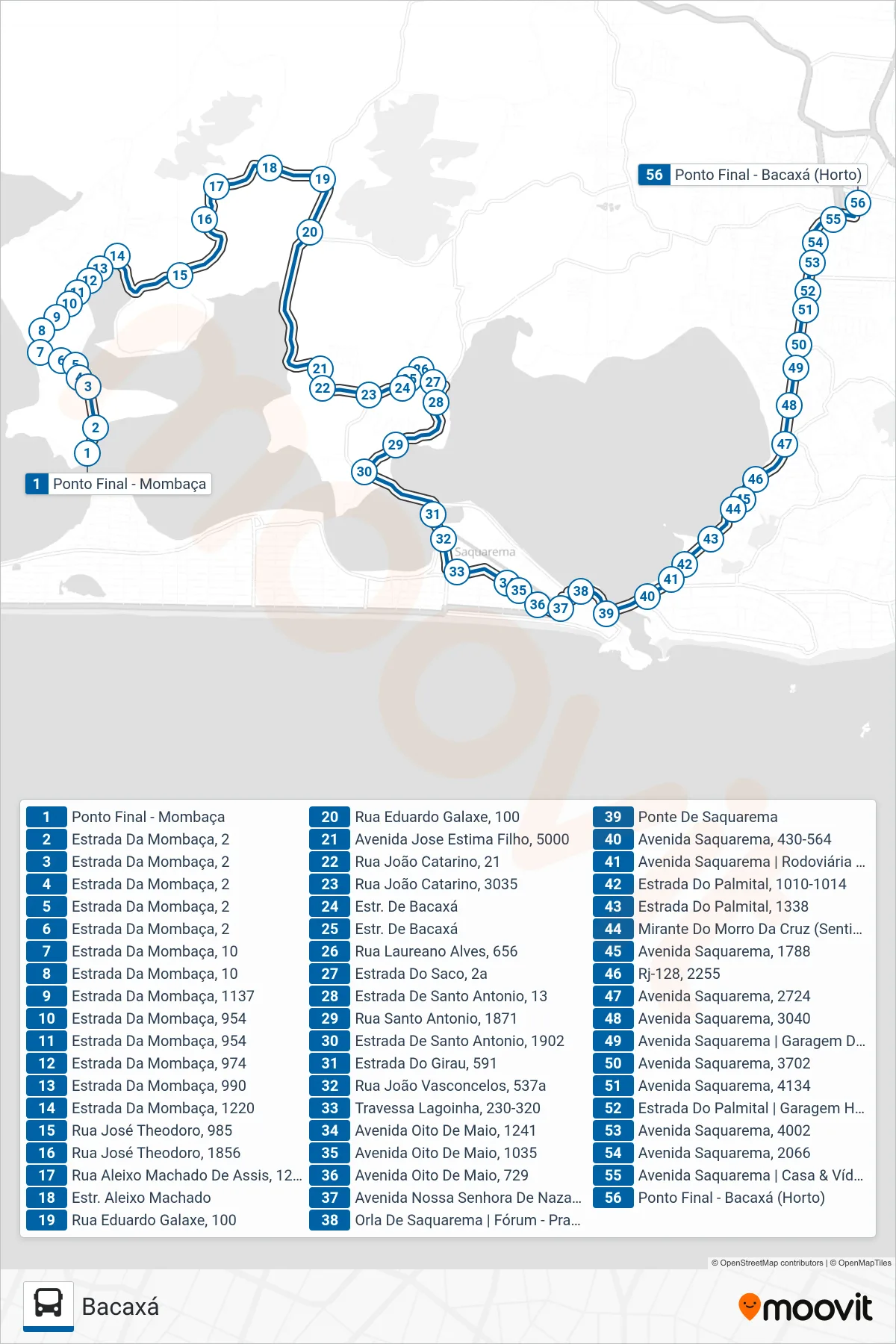 Rota e paradas da linha de ônibus 21 (Bacaxá) no mapa