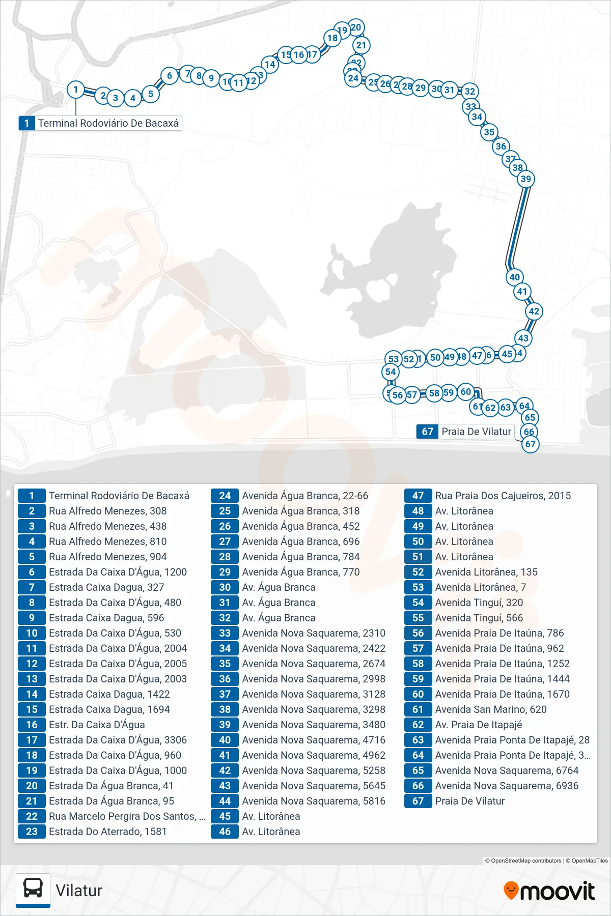 Rota e paradas da linha de ônibus 23 (Vilatur) no mapa