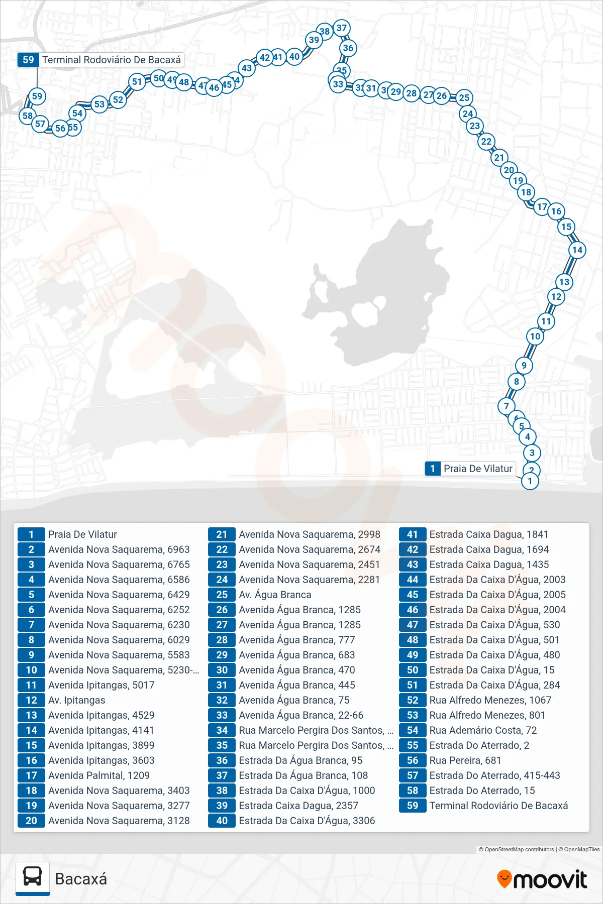 Rota e paradas da linha de ônibus 23 (Bacaxá) no mapa