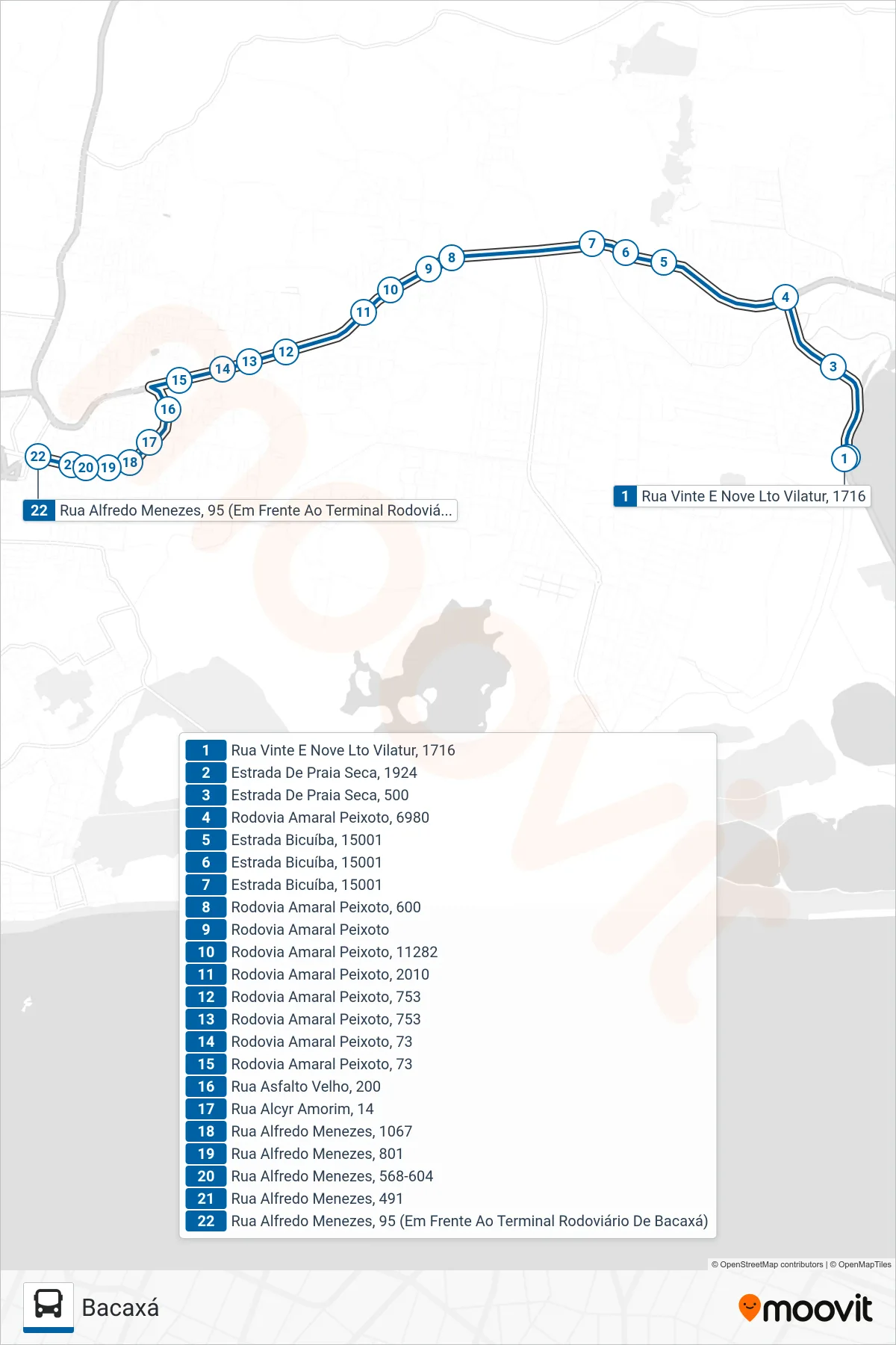 Rota e paradas da linha de ônibus 24 (Bacaxá) no mapa