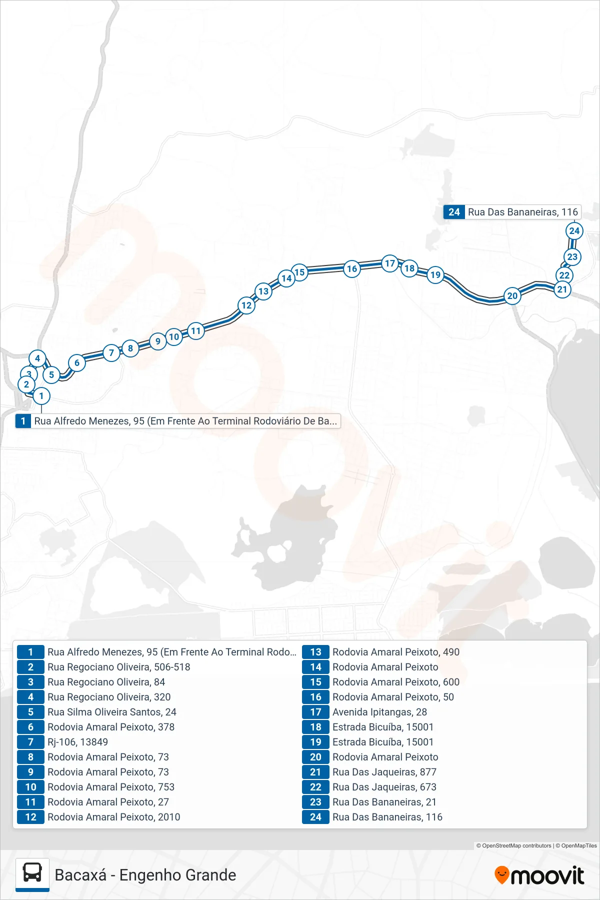 Rota e paradas da linha de ônibus 25 (Engenho Grande) no mapa