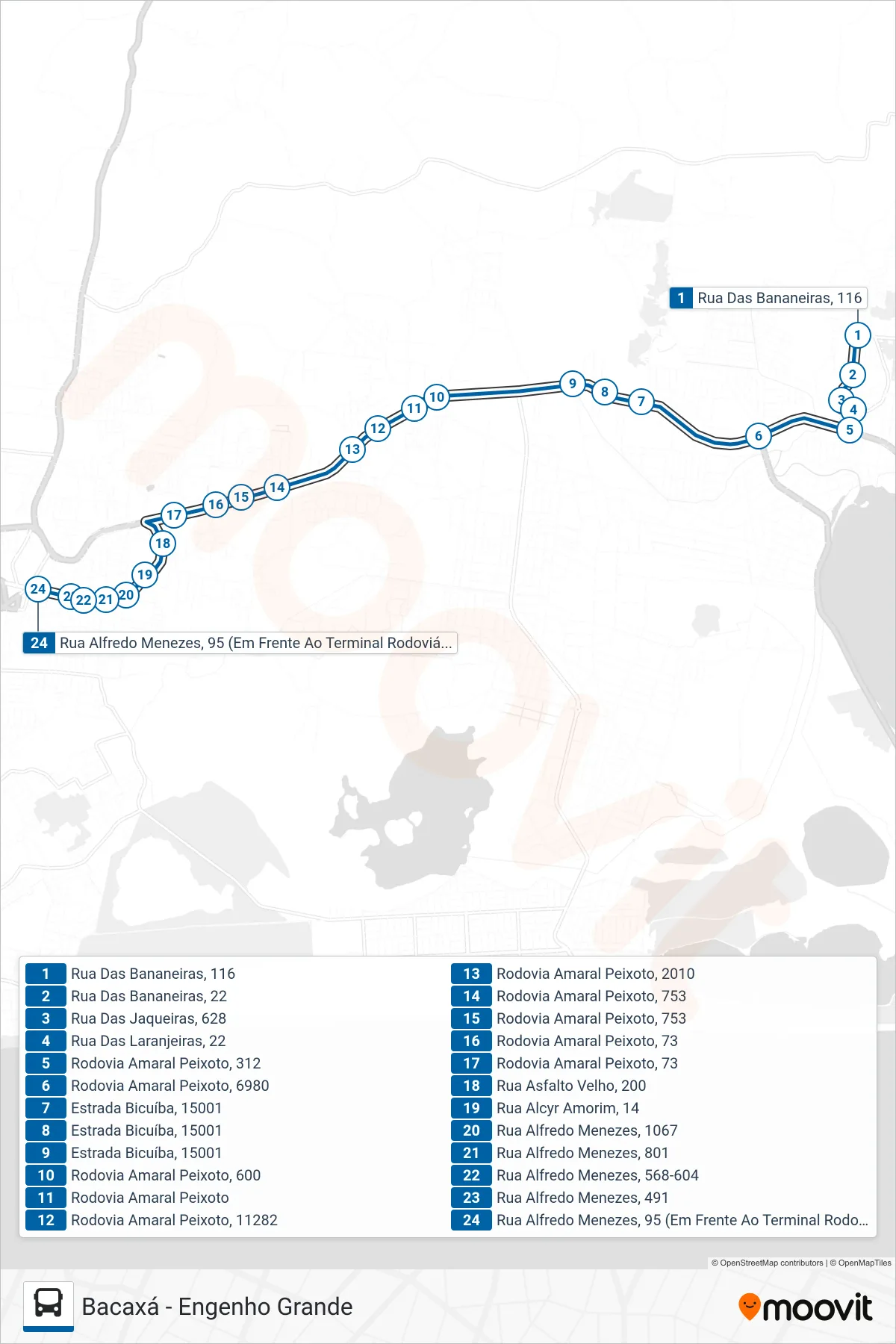 25 bus Line (Bacaxá) route and stops on a map