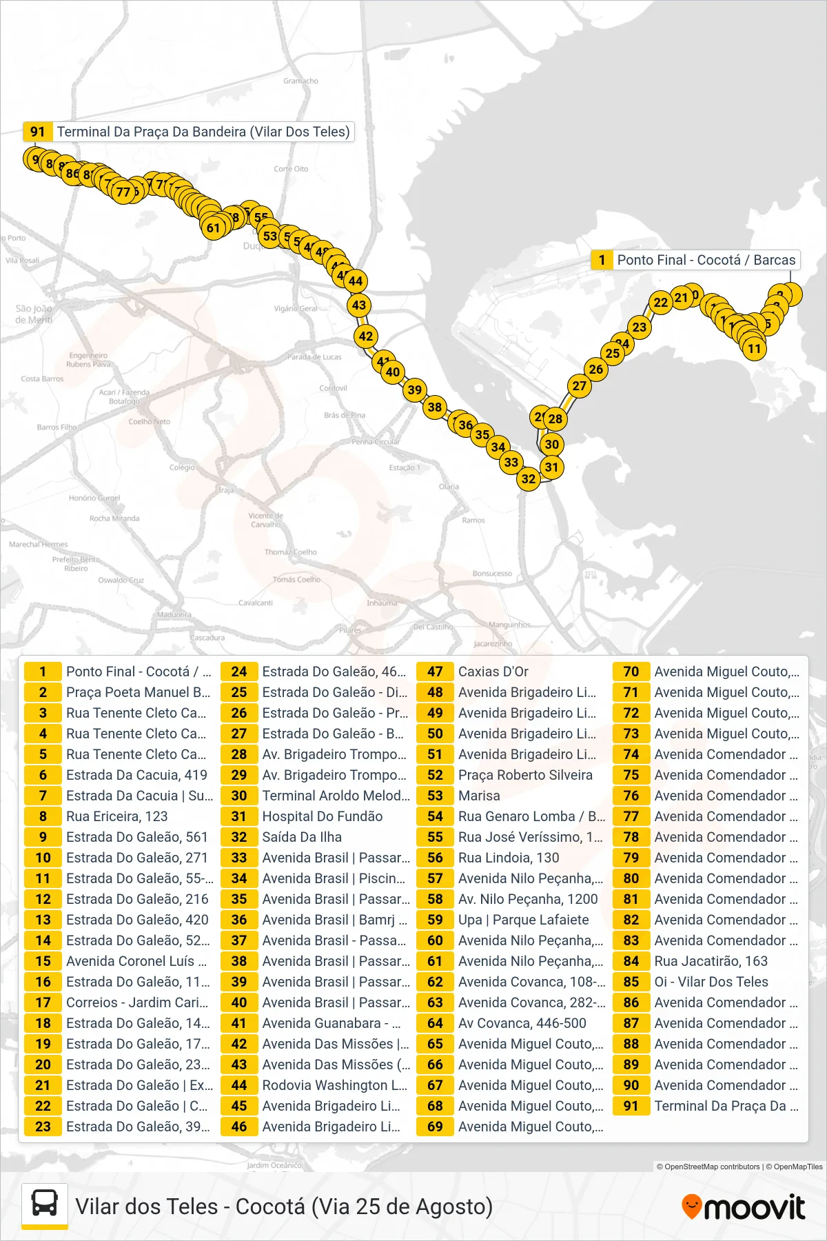Rota e paradas da linha de ônibus 739L (Vilar Dos Teles (Via Av. Brasil)) no mapa