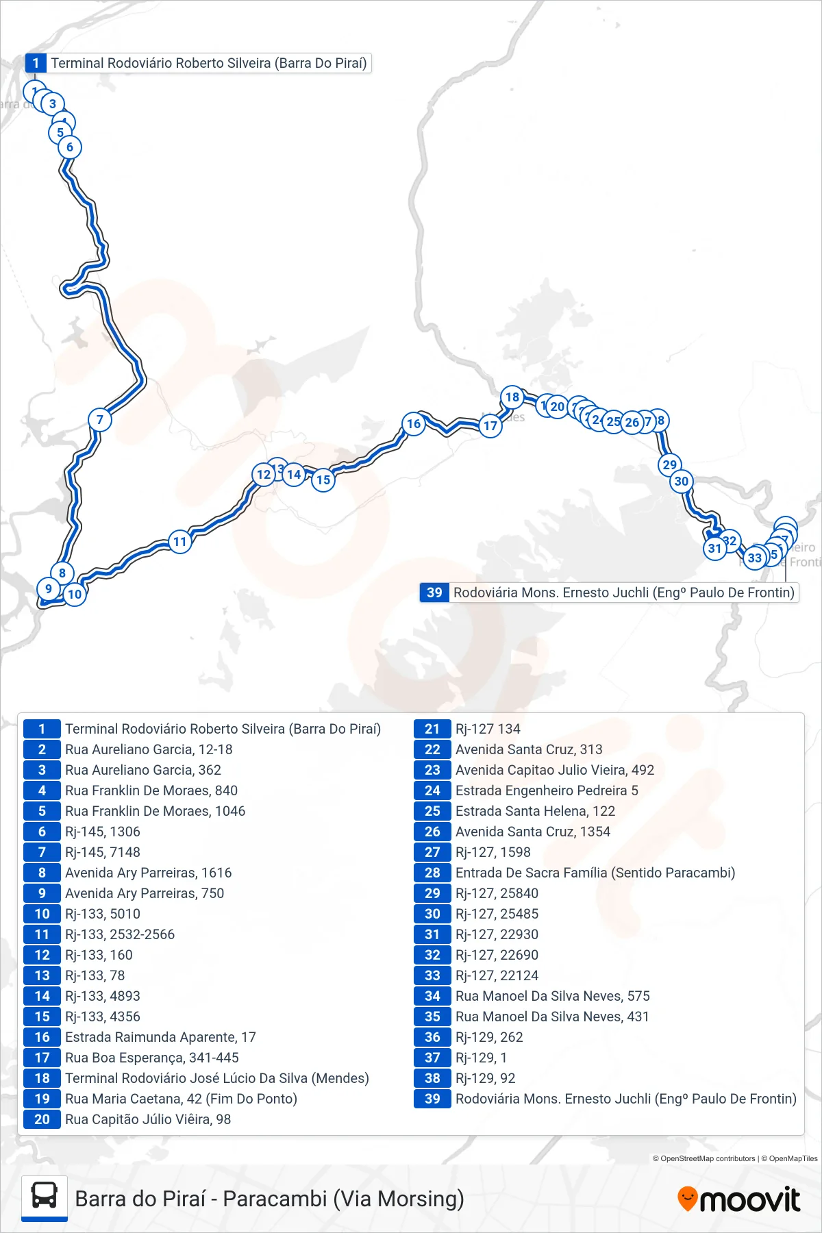 Rota e paradas da linha de ônibus MP10 (Barra do Piraí → Paulo de Frontin) no mapa