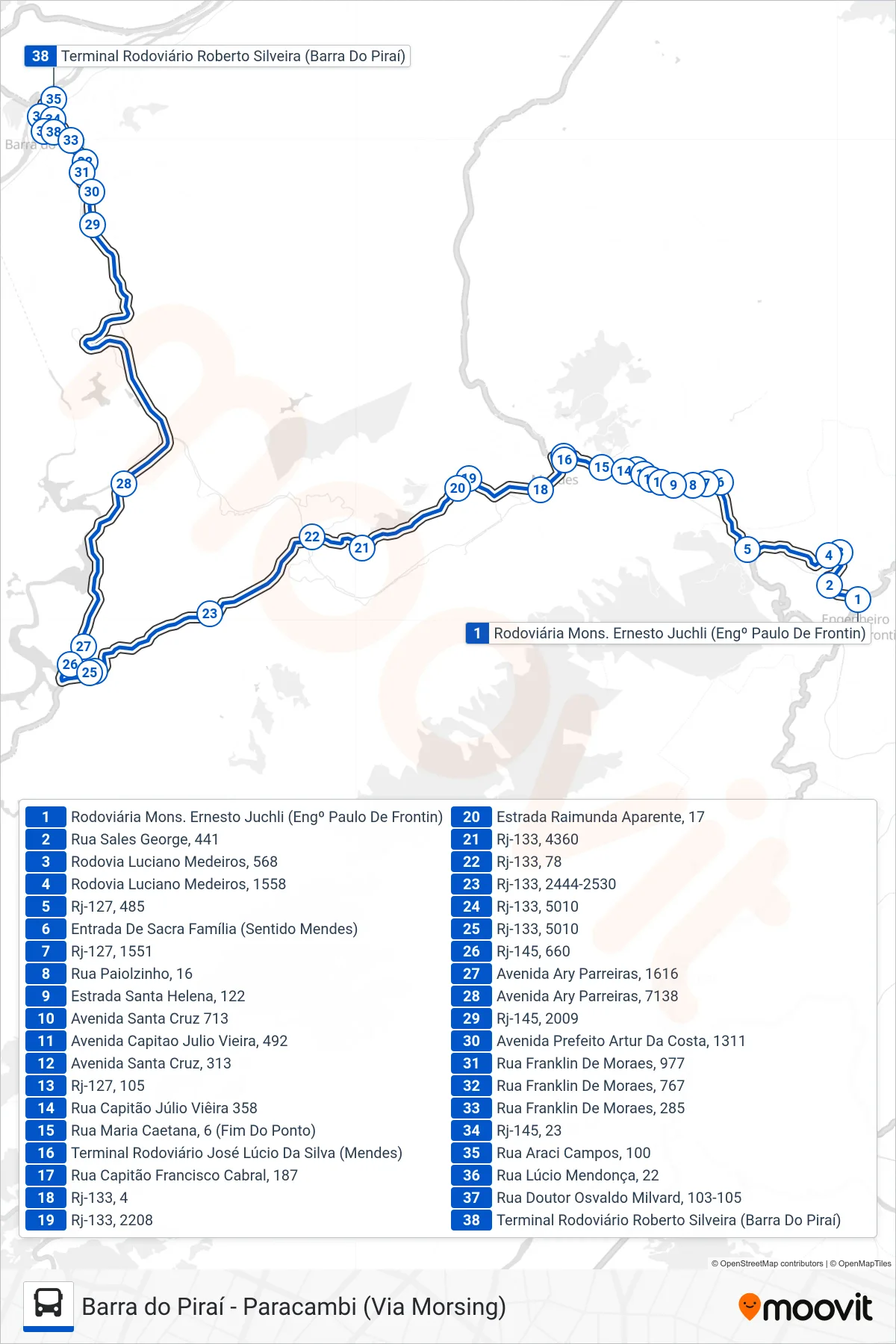 Rota e paradas da linha de ônibus MP10 (Paulo de Frontin → Barra do Piraí) no mapa