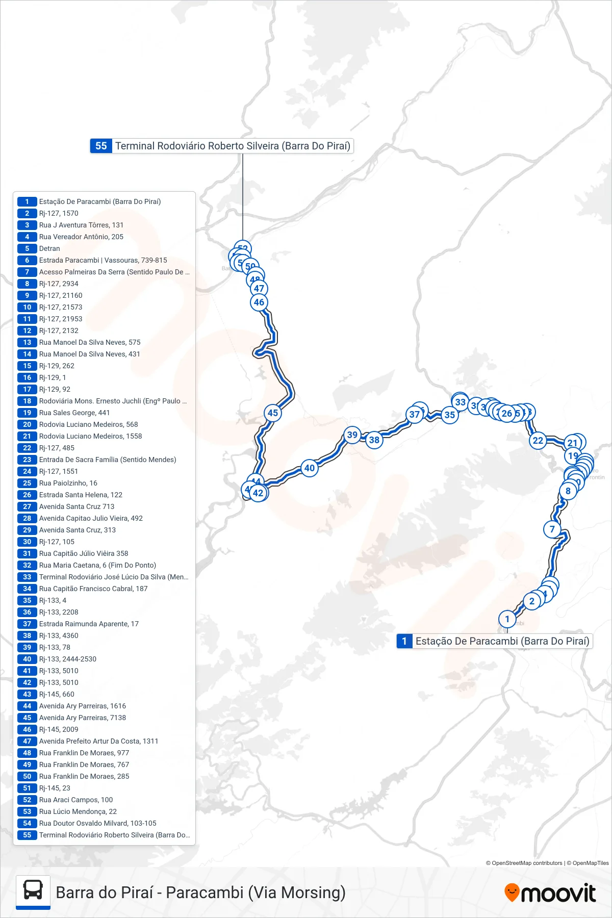 Rota e paradas da linha de ônibus MP10 (Barra Do Piraí (Via Morsing)) no mapa