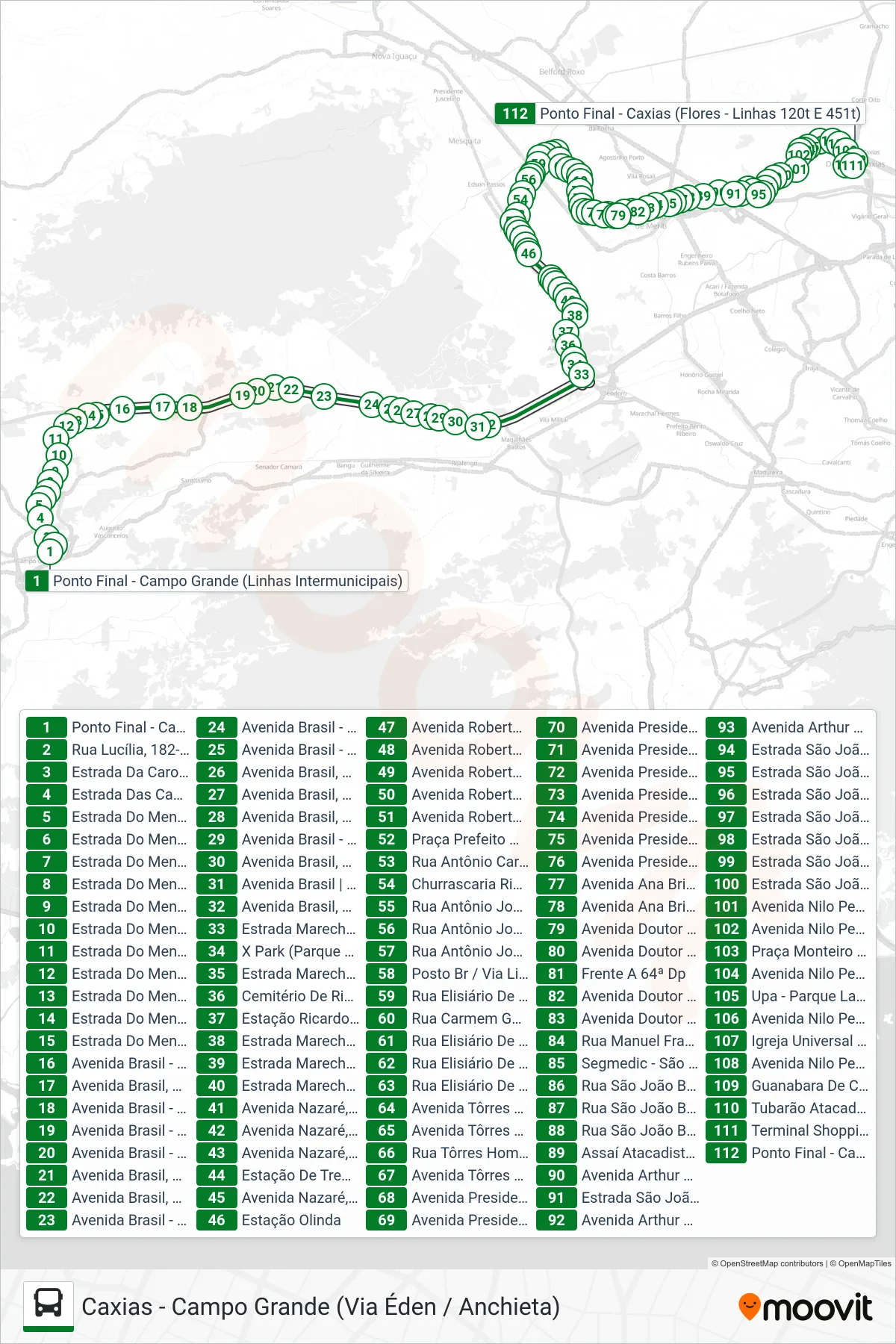 Rota e paradas da linha de ônibus 451T (Caxias) no mapa