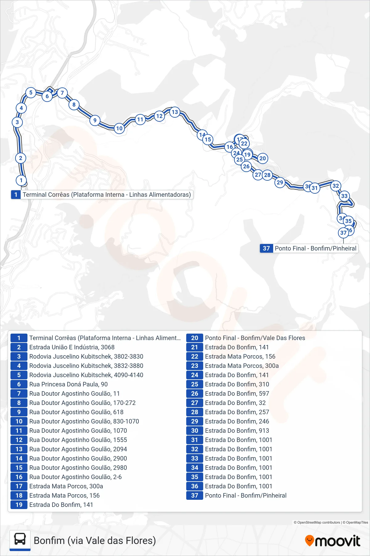Rota e paradas da linha de ônibus  611  (Bonfim (via Vale das Flores)) no mapa