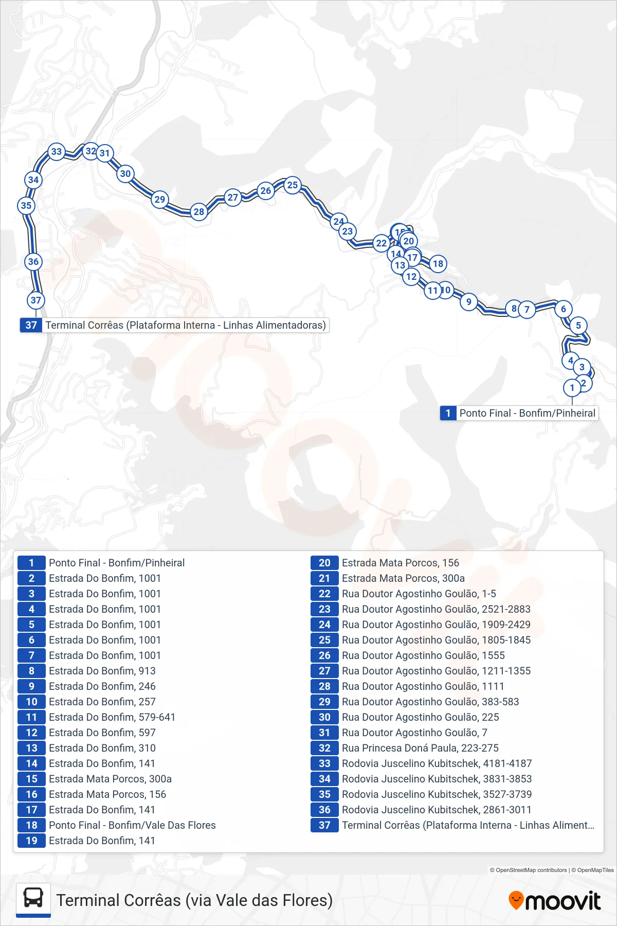 Rota e paradas da linha de ônibus 611 (Terminal Corrêas (via Vale das Flores)) no mapa