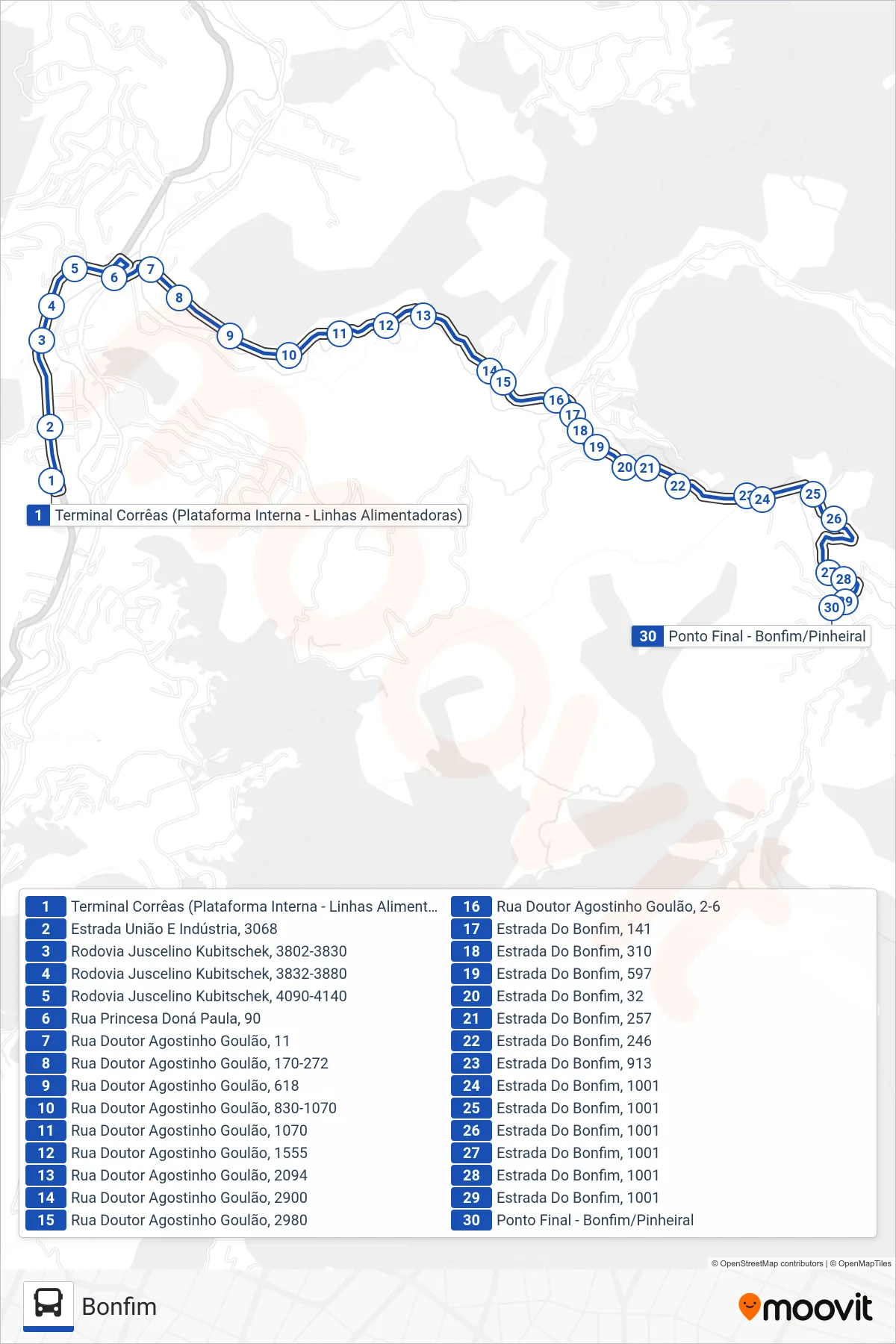 Rota e paradas da linha de ônibus 611 (Bonfim) no mapa