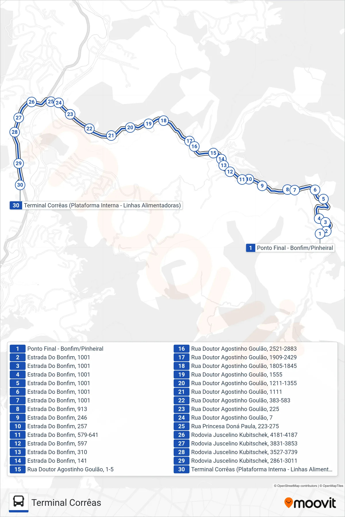 Rota e paradas da linha de ônibus 611 (Terminal Corrêas) no mapa