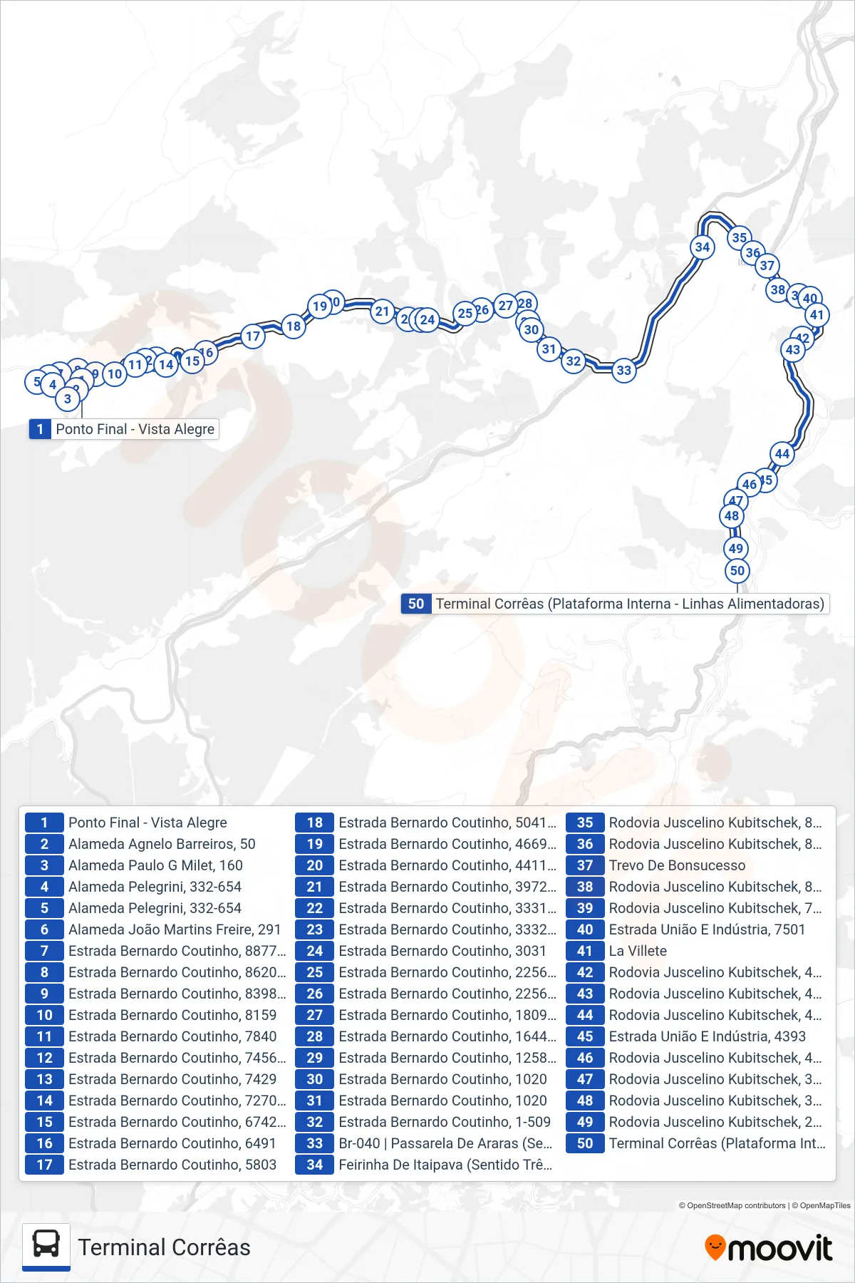 Rota e paradas da linha de ônibus 622 (Terminal Corrêas) no mapa