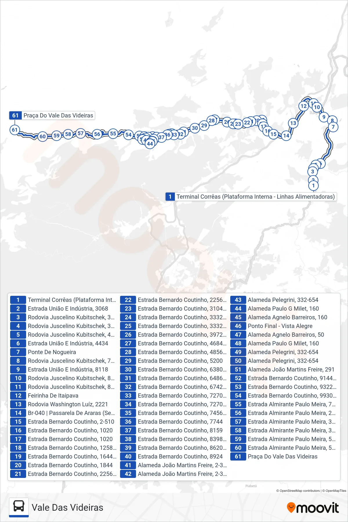 Rota e paradas da linha de ônibus 622 (Vale Das Videiras) no mapa