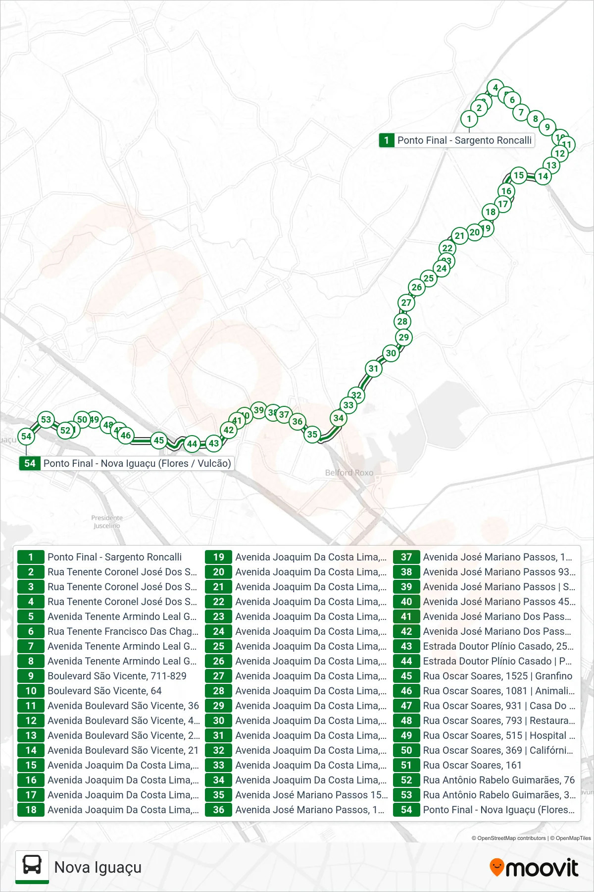 Rota e paradas da linha de ônibus 435I (Nova Iguaçu) no mapa
