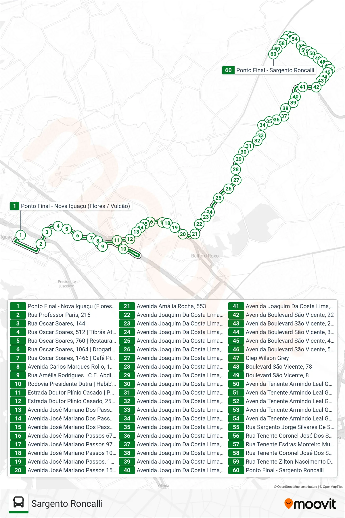 Rota e paradas da linha de ônibus 435I (Sargento Roncalli) no mapa