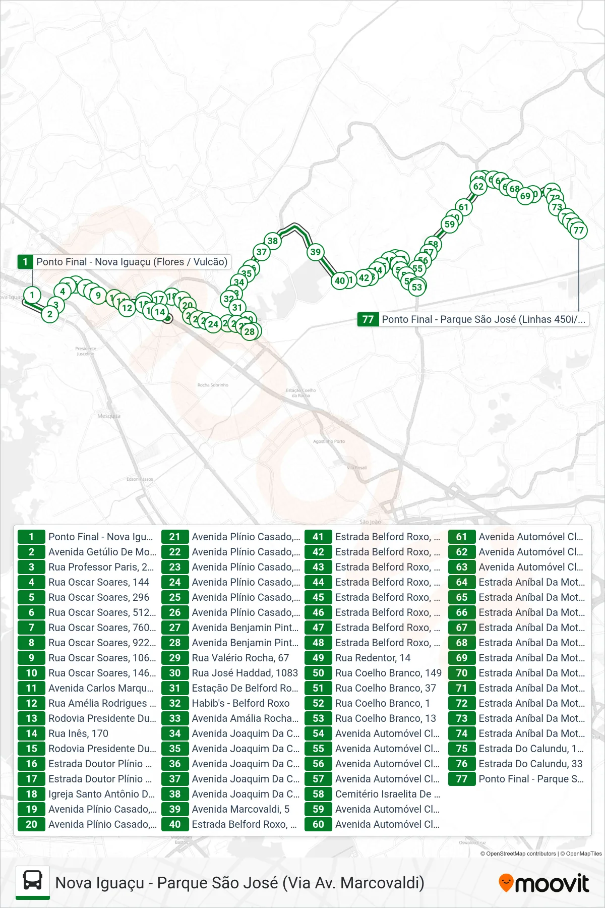 Rota e paradas da linha de ônibus 450I (Parque São José) no mapa