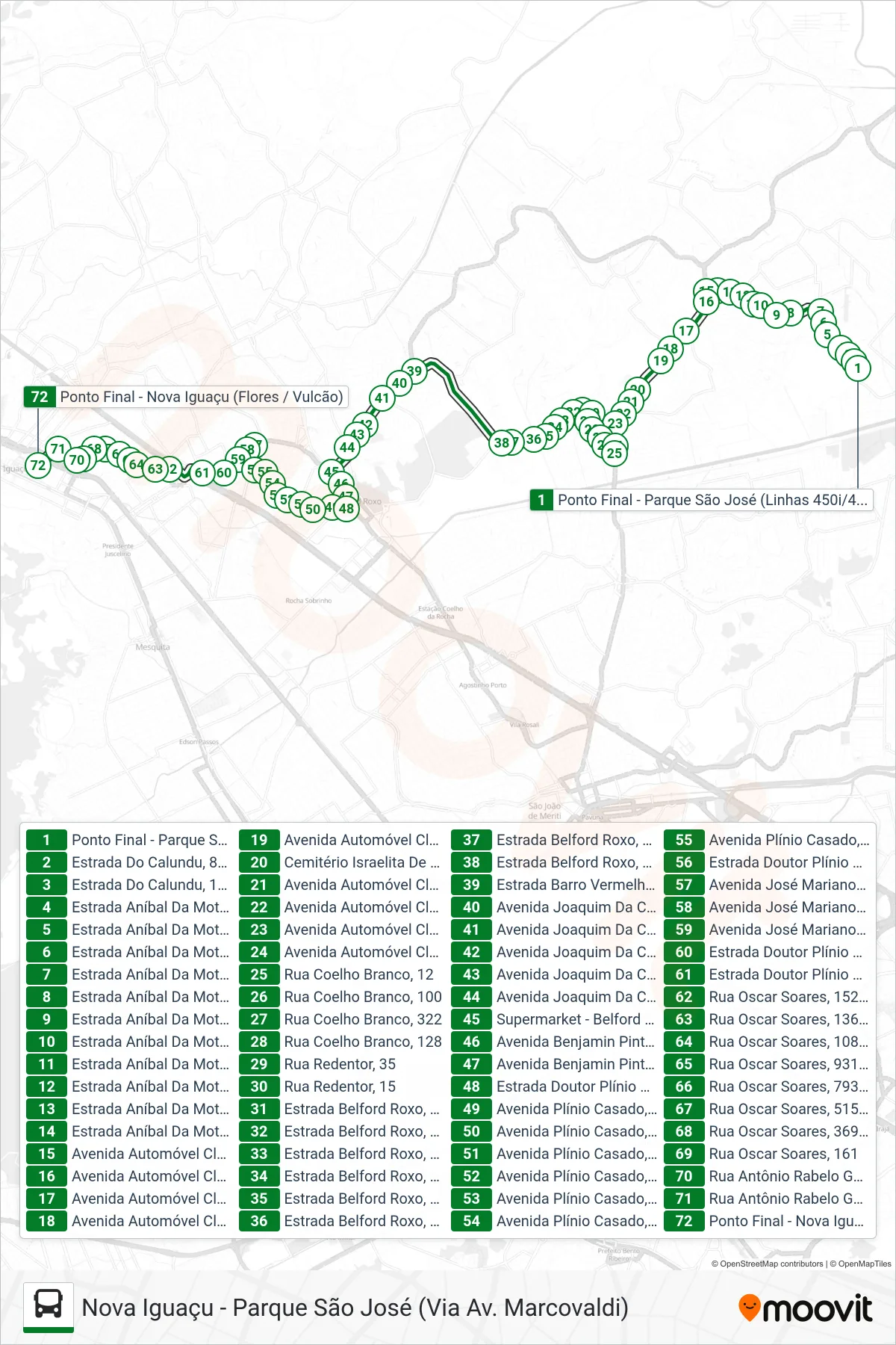 450I bus Line (Nova Iguaçu) route and stops on a map