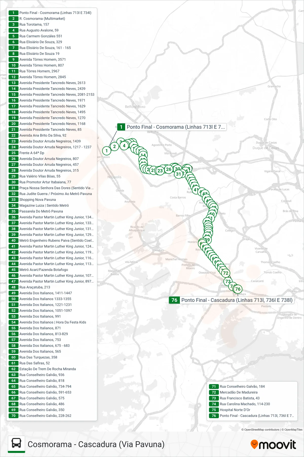 Rota e paradas da linha de ônibus 713L (Cascadura) no mapa