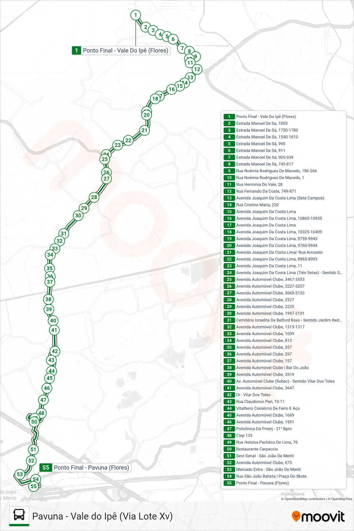 Rota e paradas da linha de ônibus 724I (Pavuna) no mapa