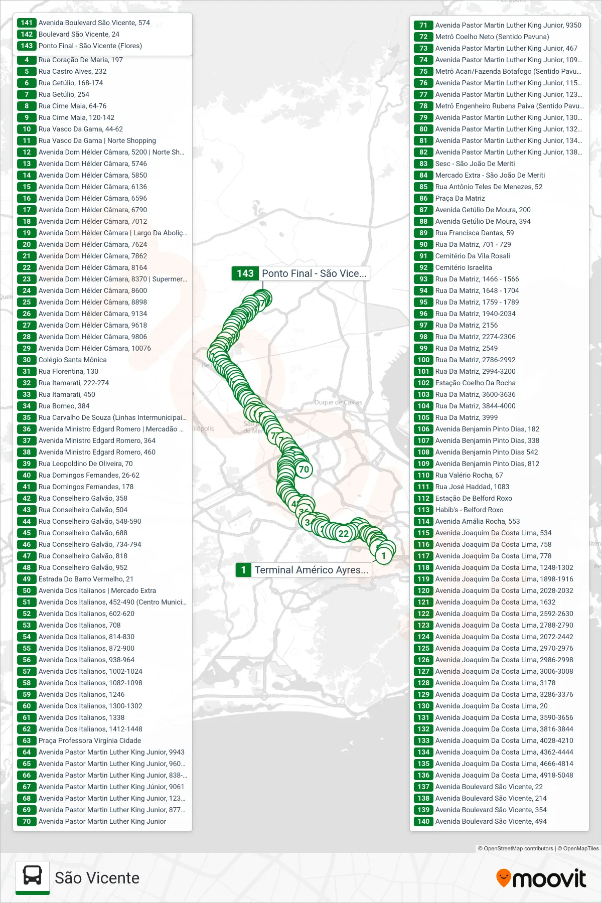 Rota e paradas da linha de ônibus 729L (São Vicente) no mapa