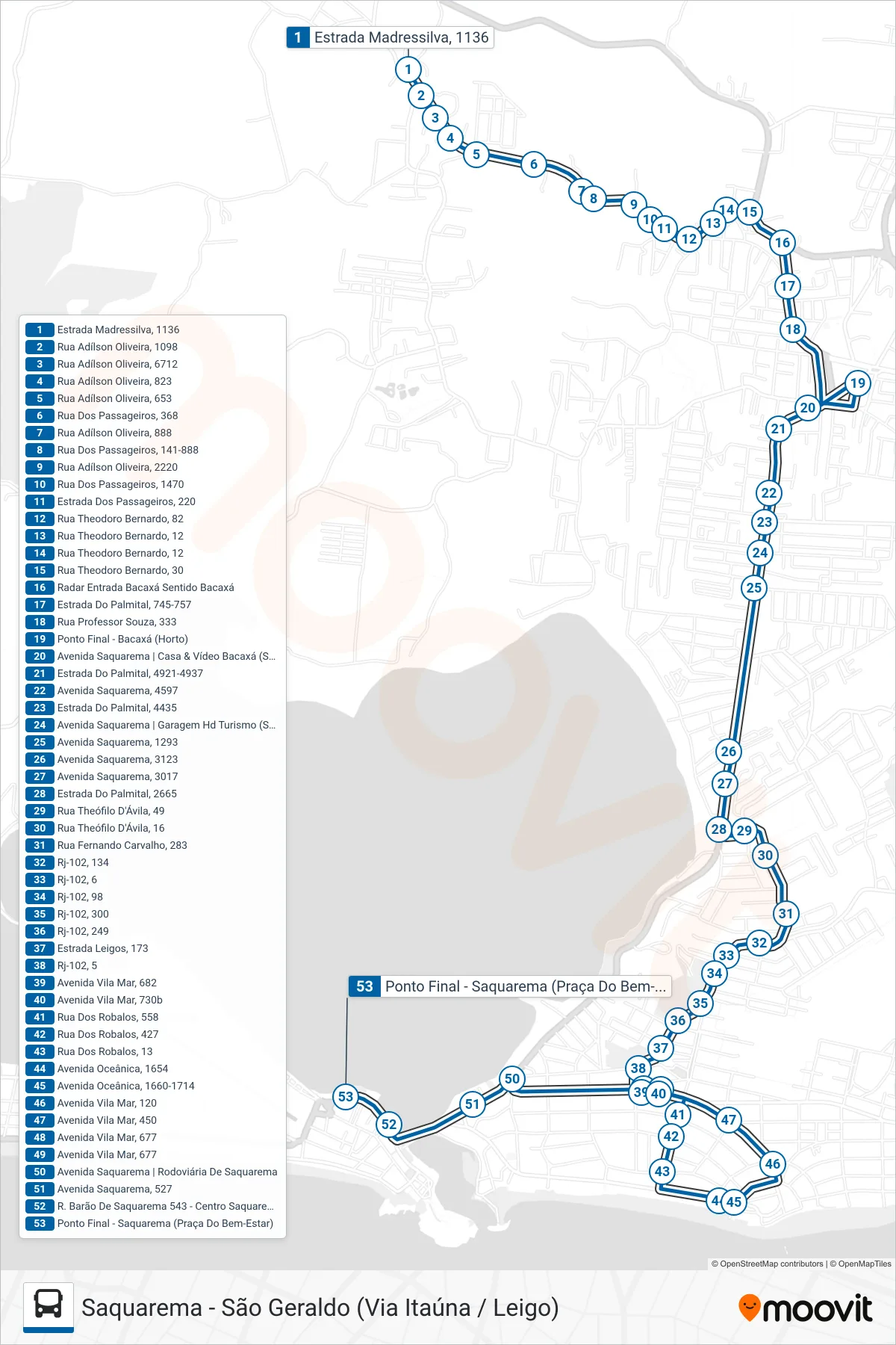Rota e paradas da linha de ônibus 15 (Saquarema (Via Itaúna / Leigo)) no mapa
