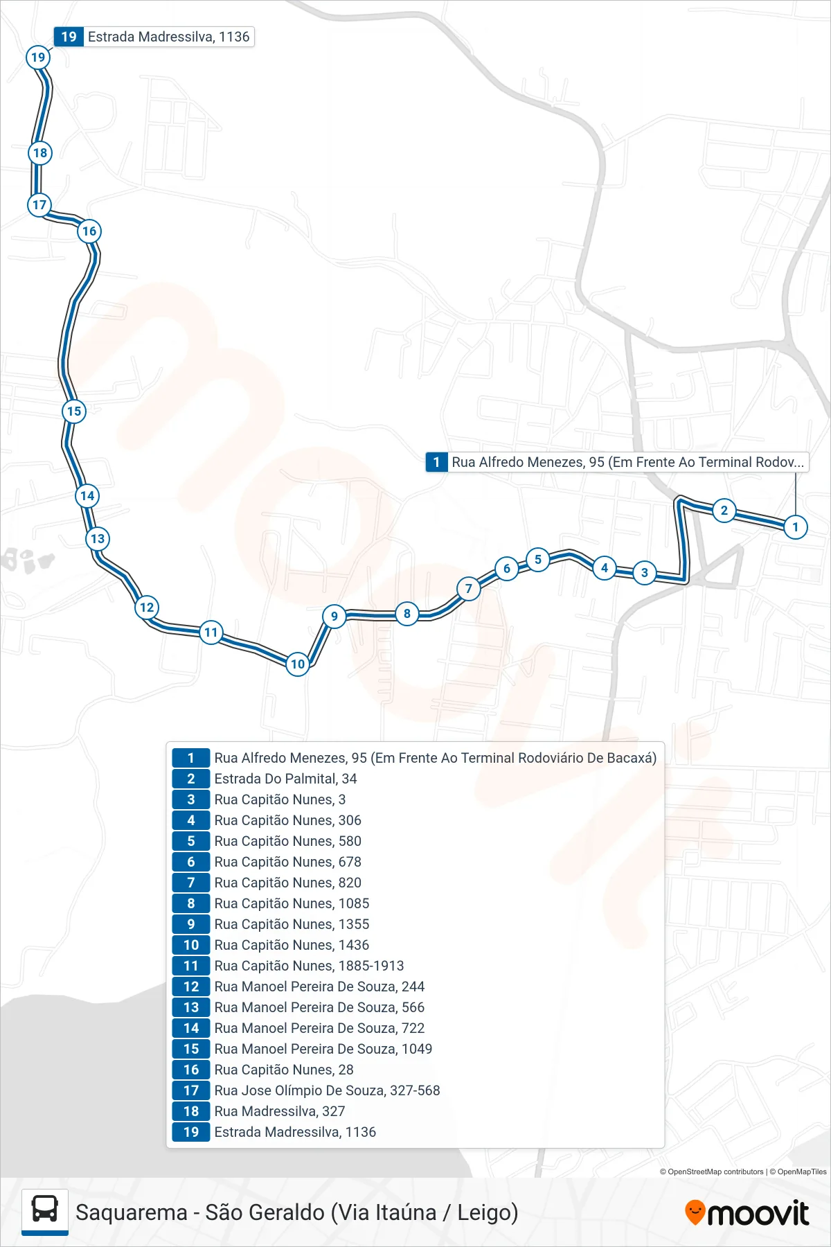 Rota e paradas da linha de ônibus 15 (Bacaxá → São Geraldo) no mapa