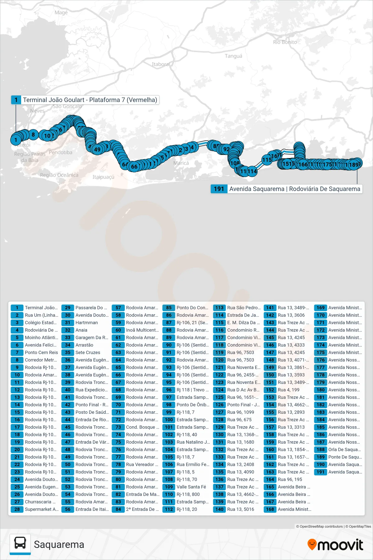 Rota e paradas da linha de ônibus MB21 (Saquarema) no mapa