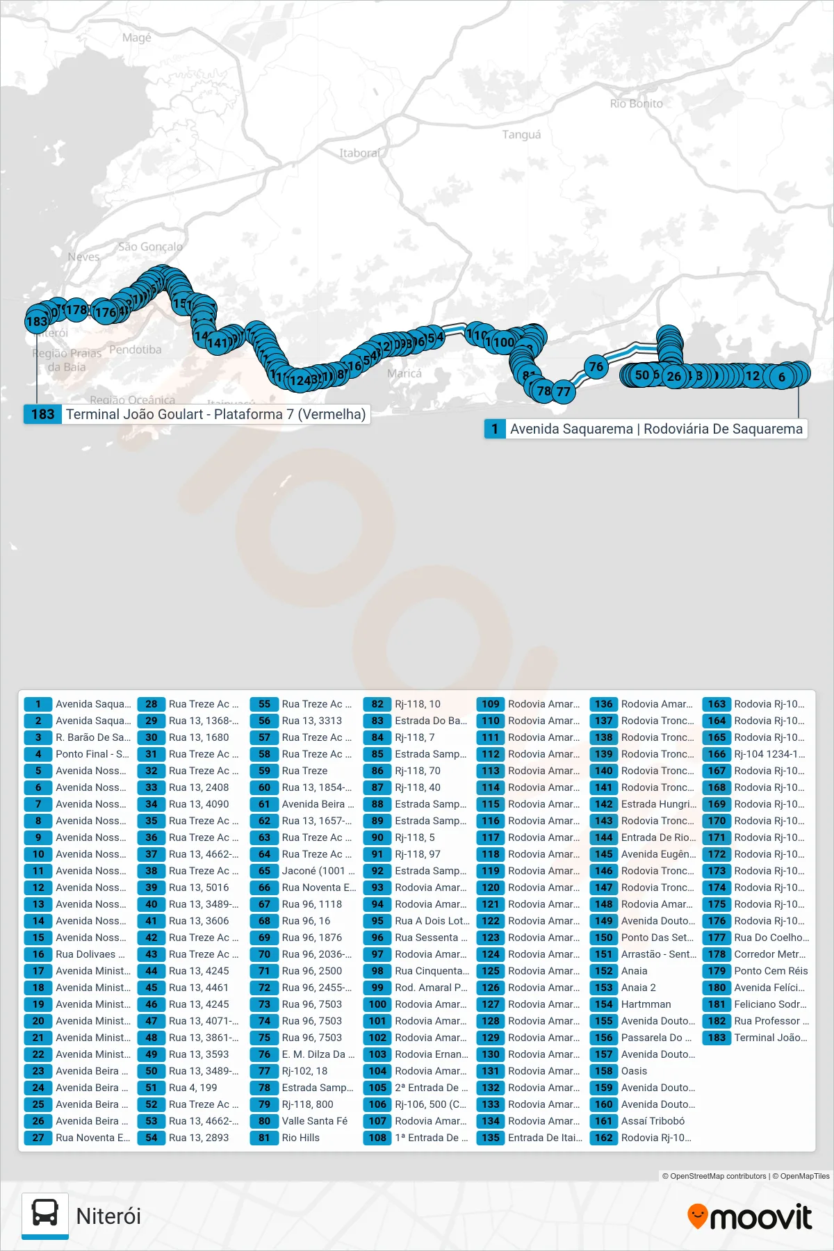 Rota e paradas da linha de ônibus  MB21  (Niterói) no mapa