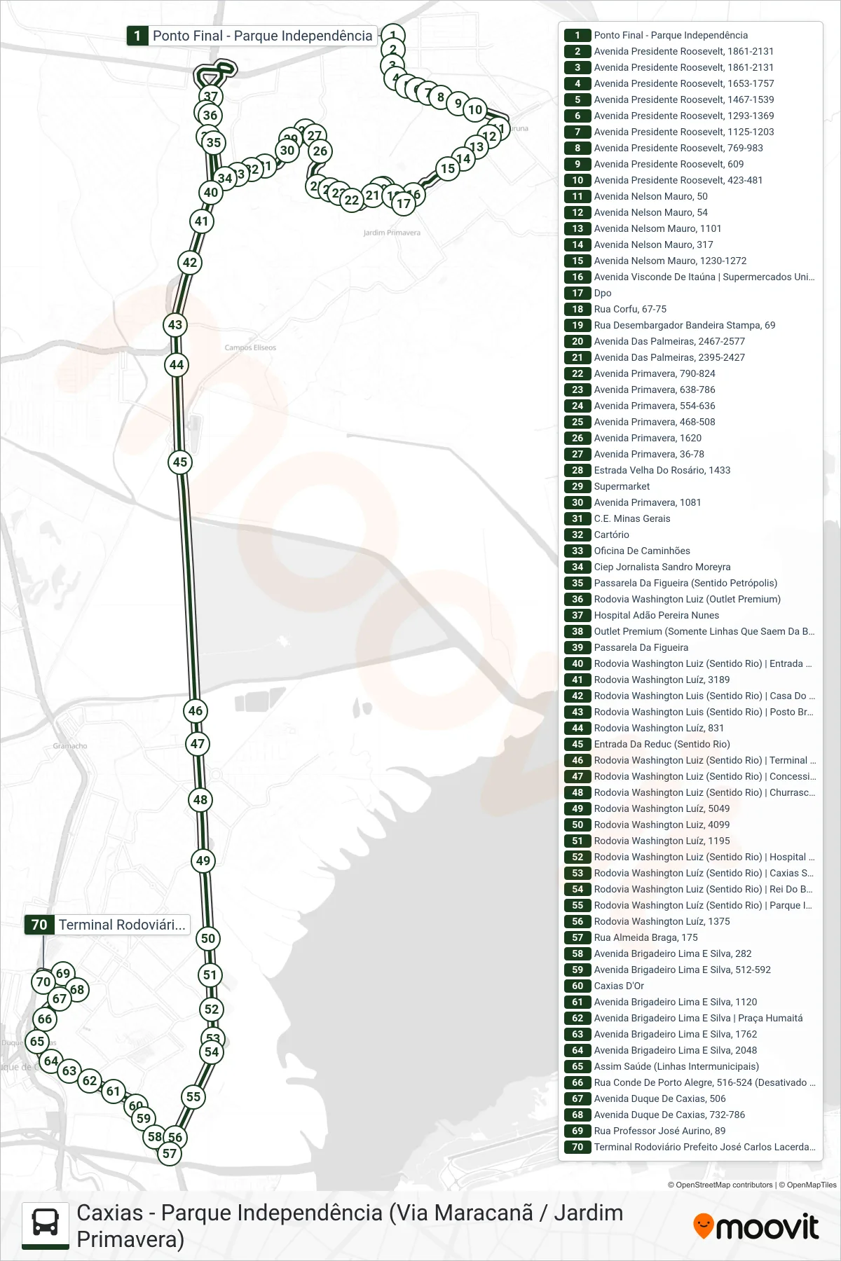 025 bus Line (Caxias) route and stops on a map
