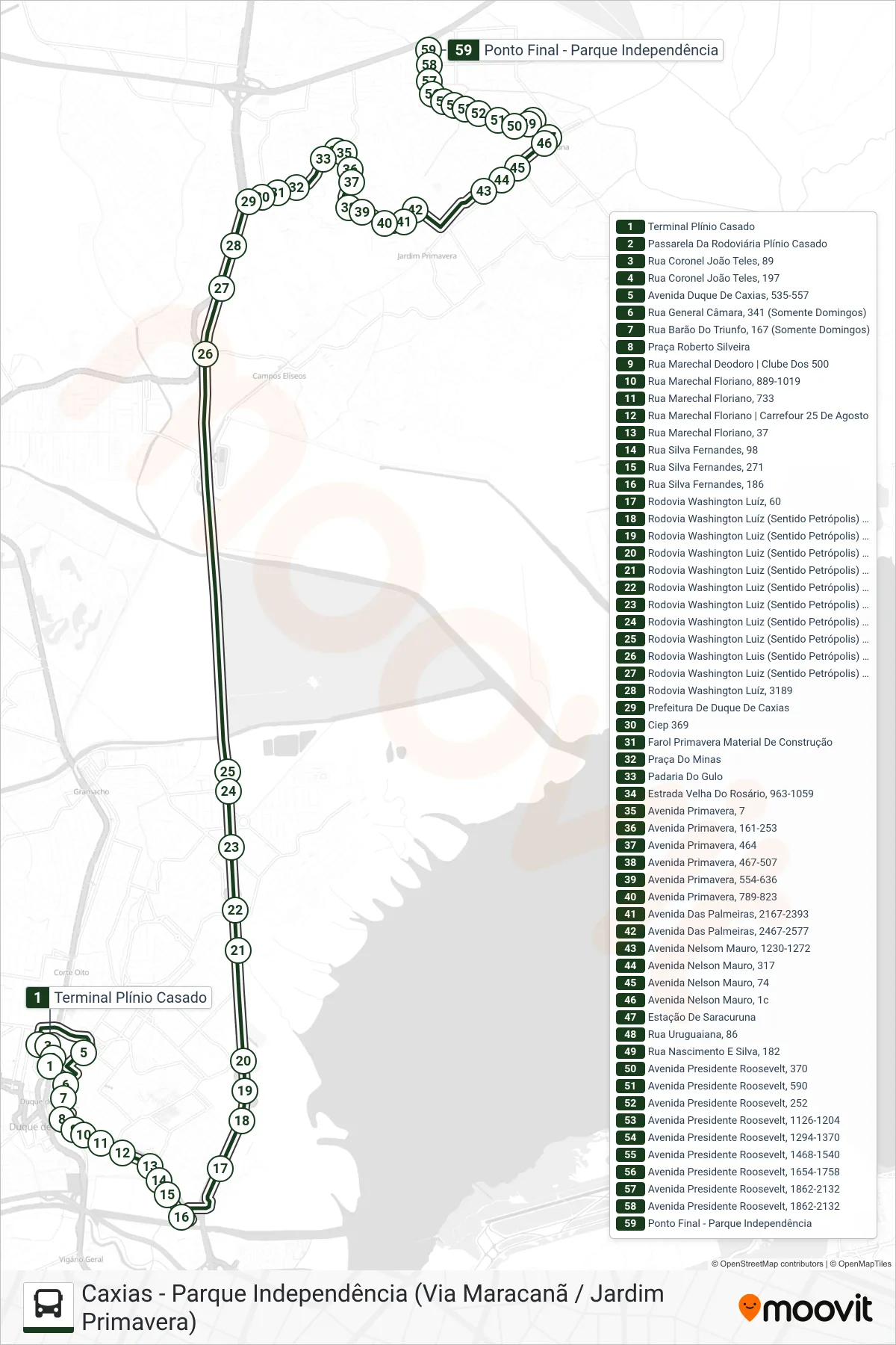 Rota e paradas da linha de ônibus 025 (Parque Independência (Domingos)) no mapa