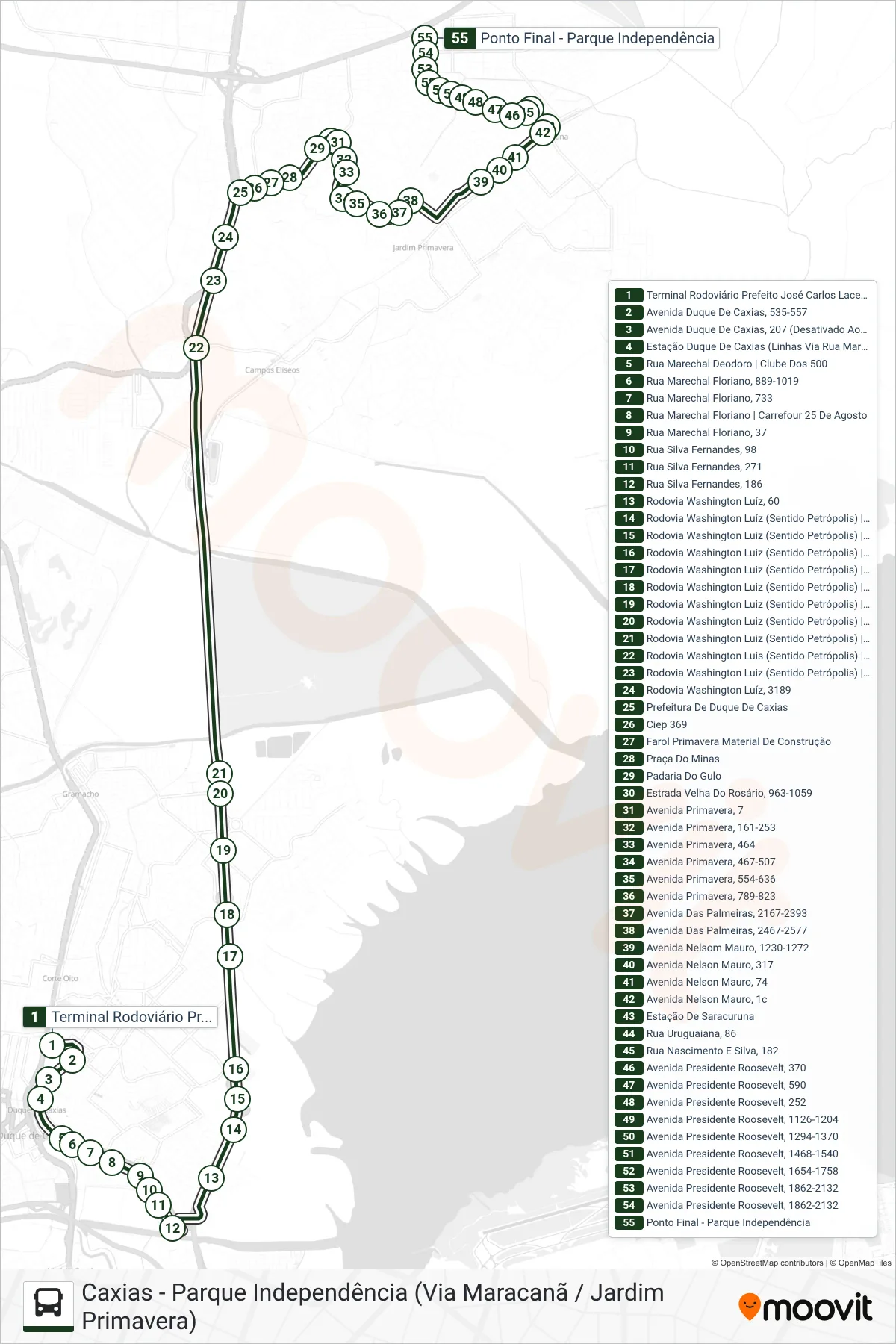 025 bus Line (Parque Independência) route and stops on a map