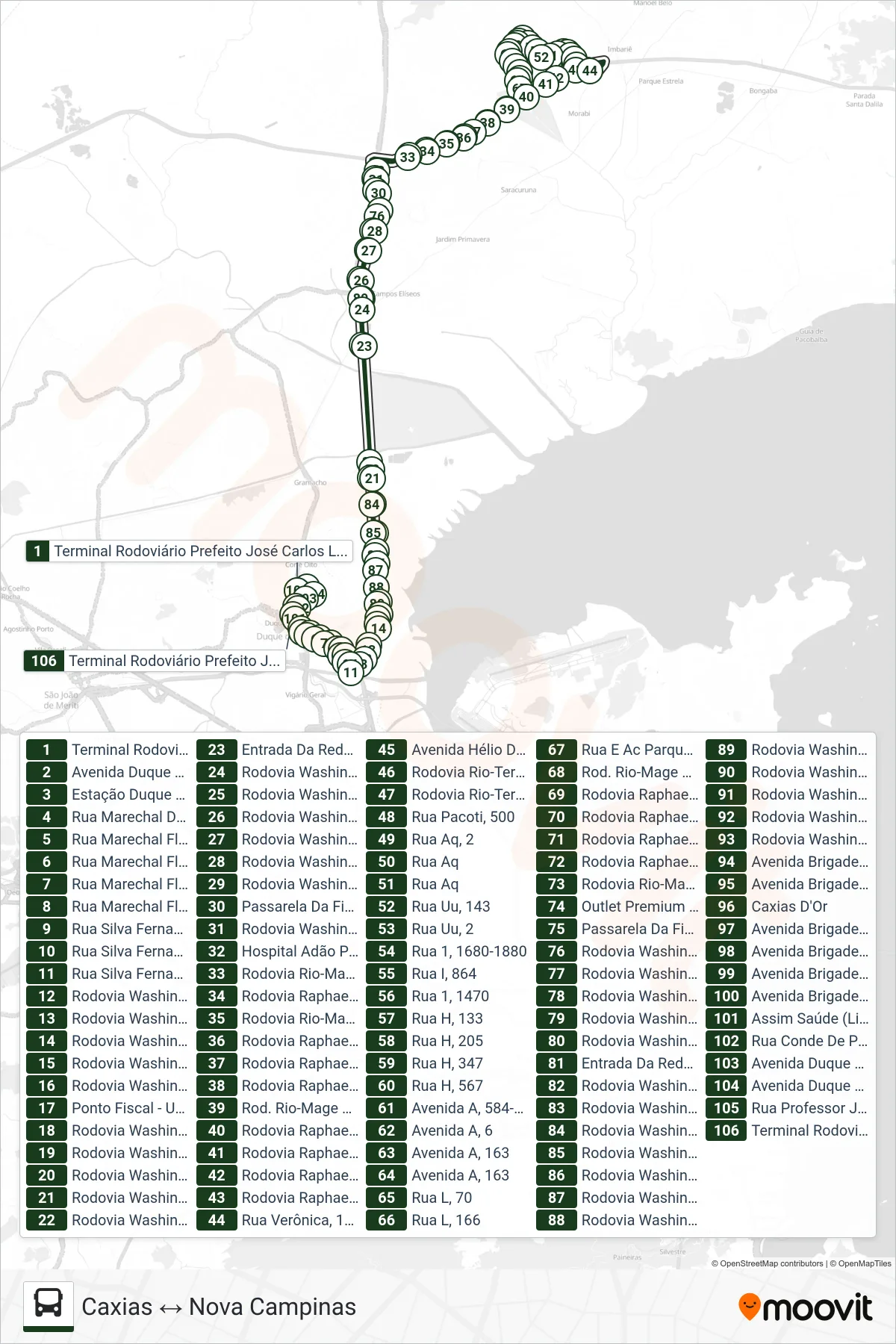 Rota e paradas da linha de ônibus 026 (Caxias ↔ Nova Campinas) no mapa