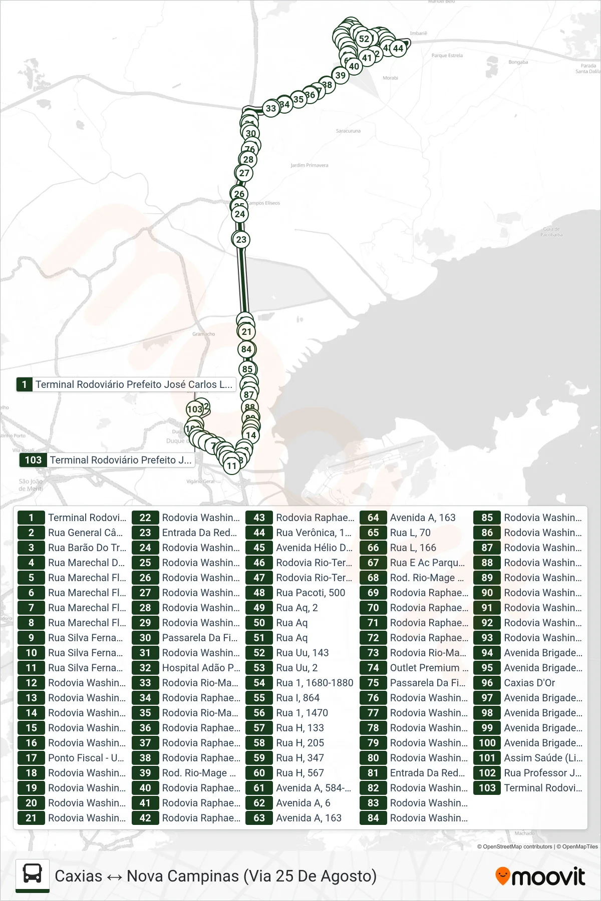 Rota e paradas da linha de ônibus 026 (Caxias ↔ Nova Campinas (Via 25 De Agosto)) no mapa