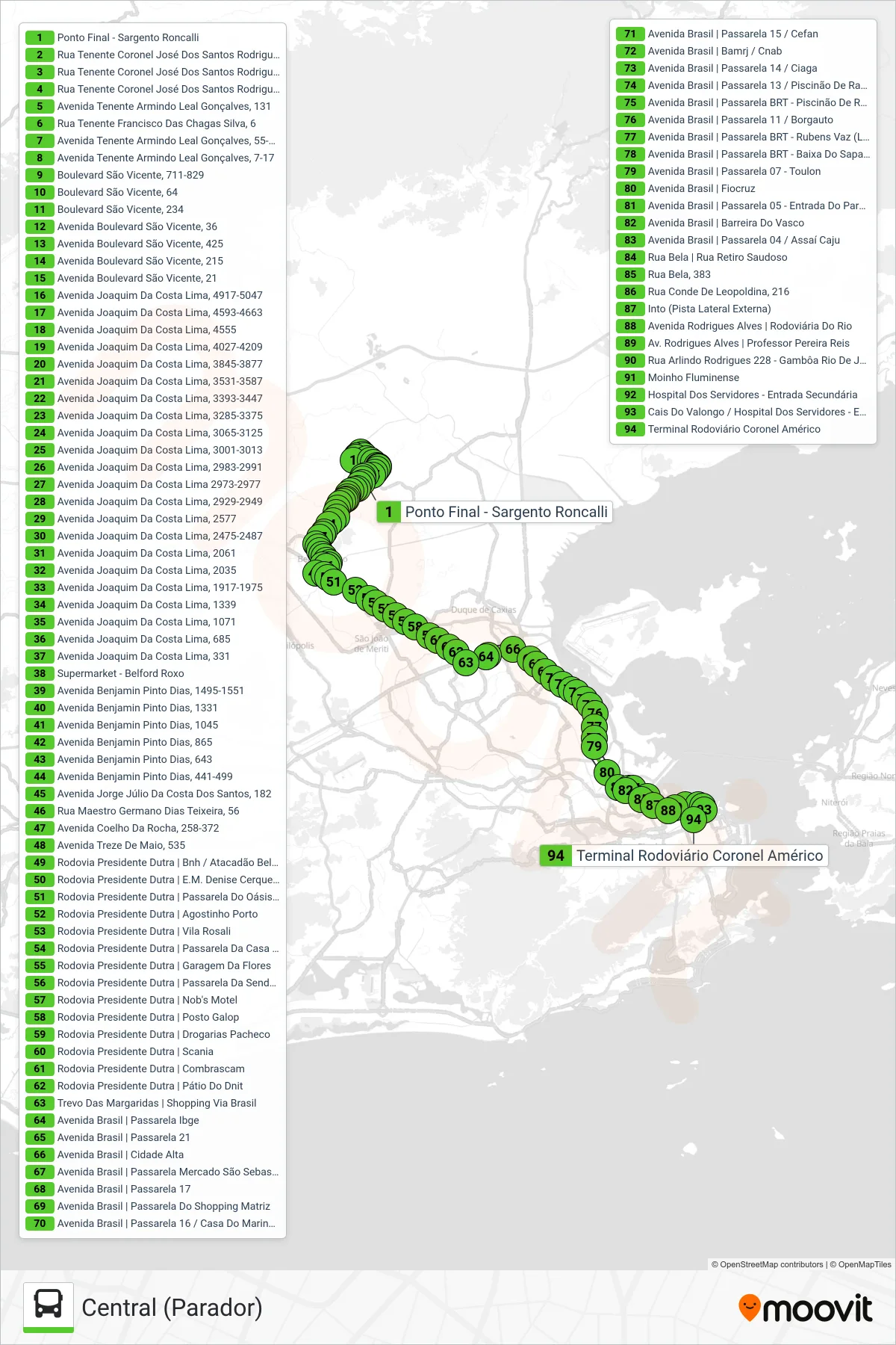 Rota e paradas da linha de ônibus 523B (Central (Parador)) no mapa