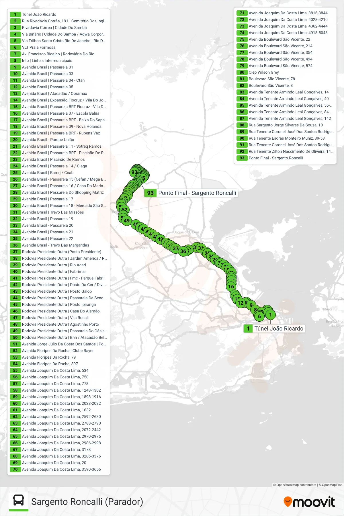 Rota e paradas da linha de ônibus 523B (Sargento Roncalli (Parador)) no mapa