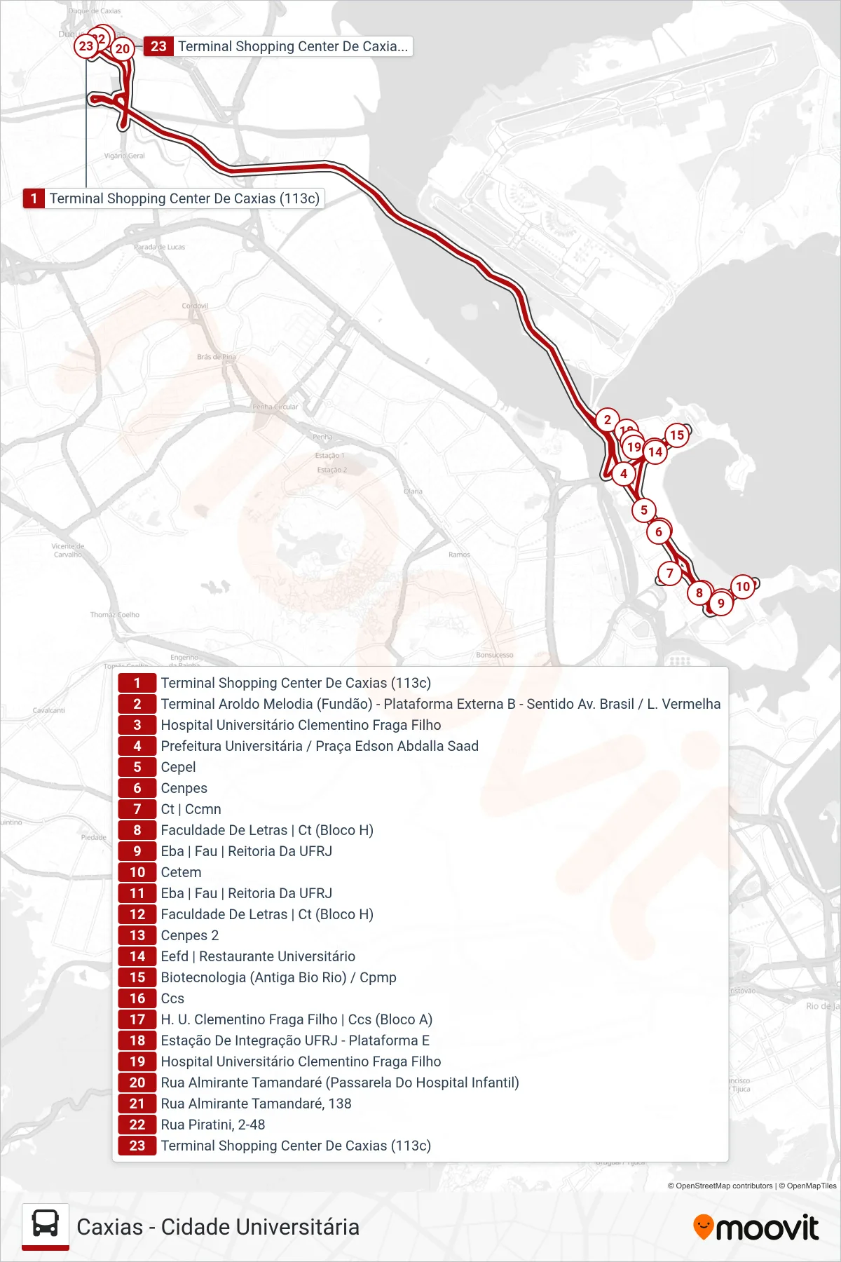 Rota e paradas da linha de ônibus 113C (Caxias ↔ Cidade Universitária (Tarde)) no mapa