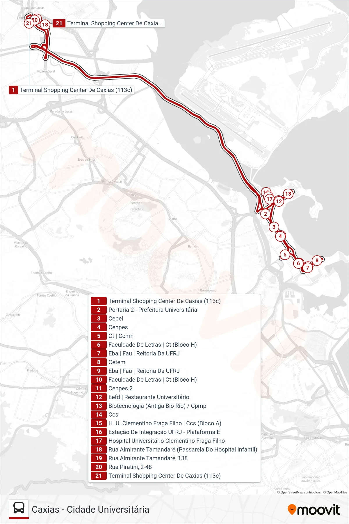 Rota e paradas da linha de ônibus 113C (Caxias ↔ Cidade Universitária (Manhã)) no mapa